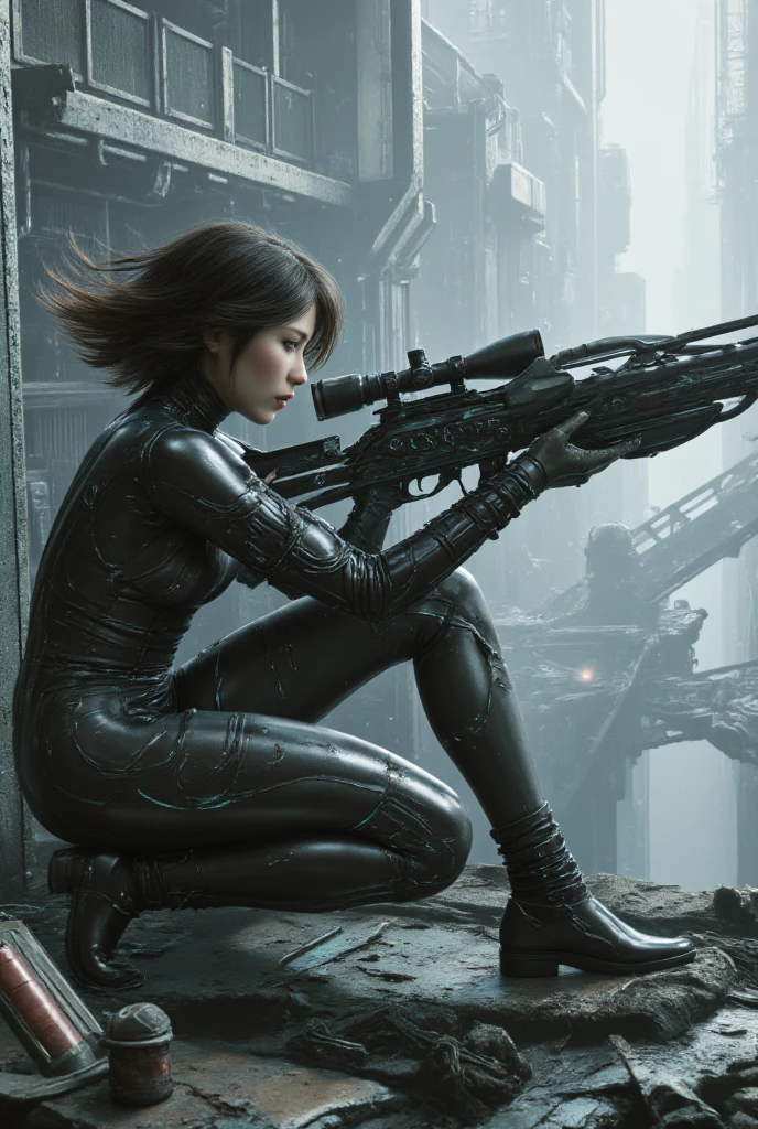 Sur les toits des ruines de la ville futurisme, remplis de machines.  A mercenary with a biomechanical sniper rifle, portant combinaison amorphe, crée a partir de liquide Black  épaisse.  Short hair in battle , Black ,  almond eyes, 