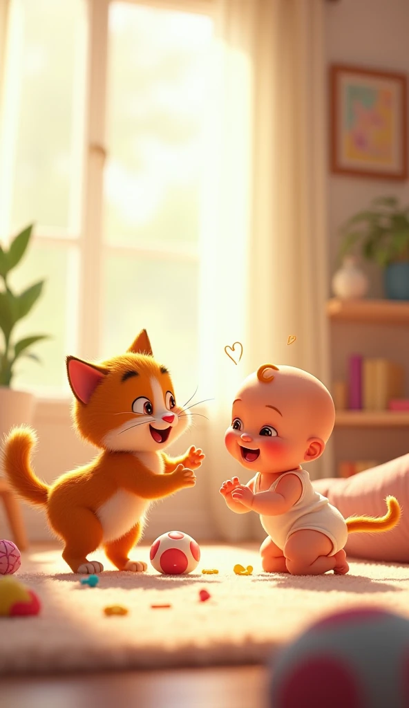 Pixar-style cat playing with a little baby