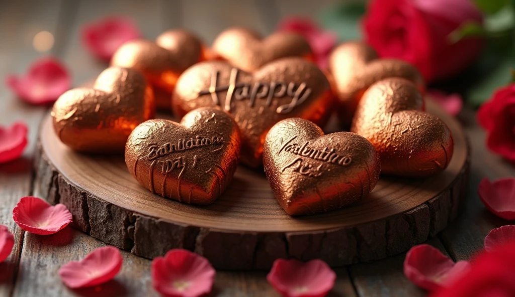 A 3D arrangement of heart-shaped chocolates wrapped in shimmering gold foil, placed on a wooden table with rose petals scattered around. The words 'Happy Valentine’s Day' are designed as 3D edible chocolate letters, with a soft, romantic lighting setup highlighting their details.