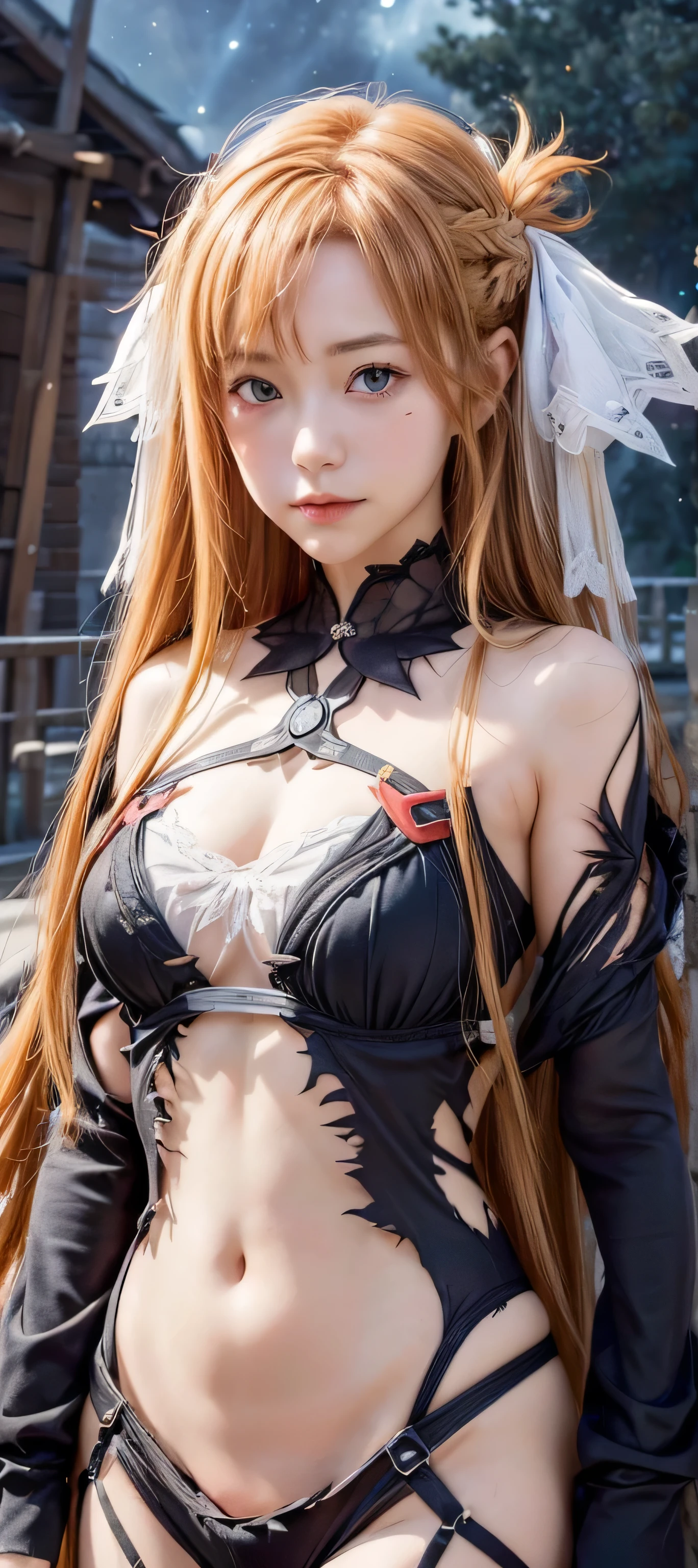 Realistic,masterpiece, best quality, (realistic,photo-realistic:1.4), (RAW photo:1.2),extremely detailed CG unity 8k wallpaper, delicate and beautiful, amazing,finely detail, official art, absurdres, incredibly absurdres, huge filesize, ultra-detailed,extremely detailed eyes and face, light on face,little smile,(caramel hair:1.3),long hair,asuna yuuki,(wearing torn clothes:1.4),garden,(chained body:1.4 )