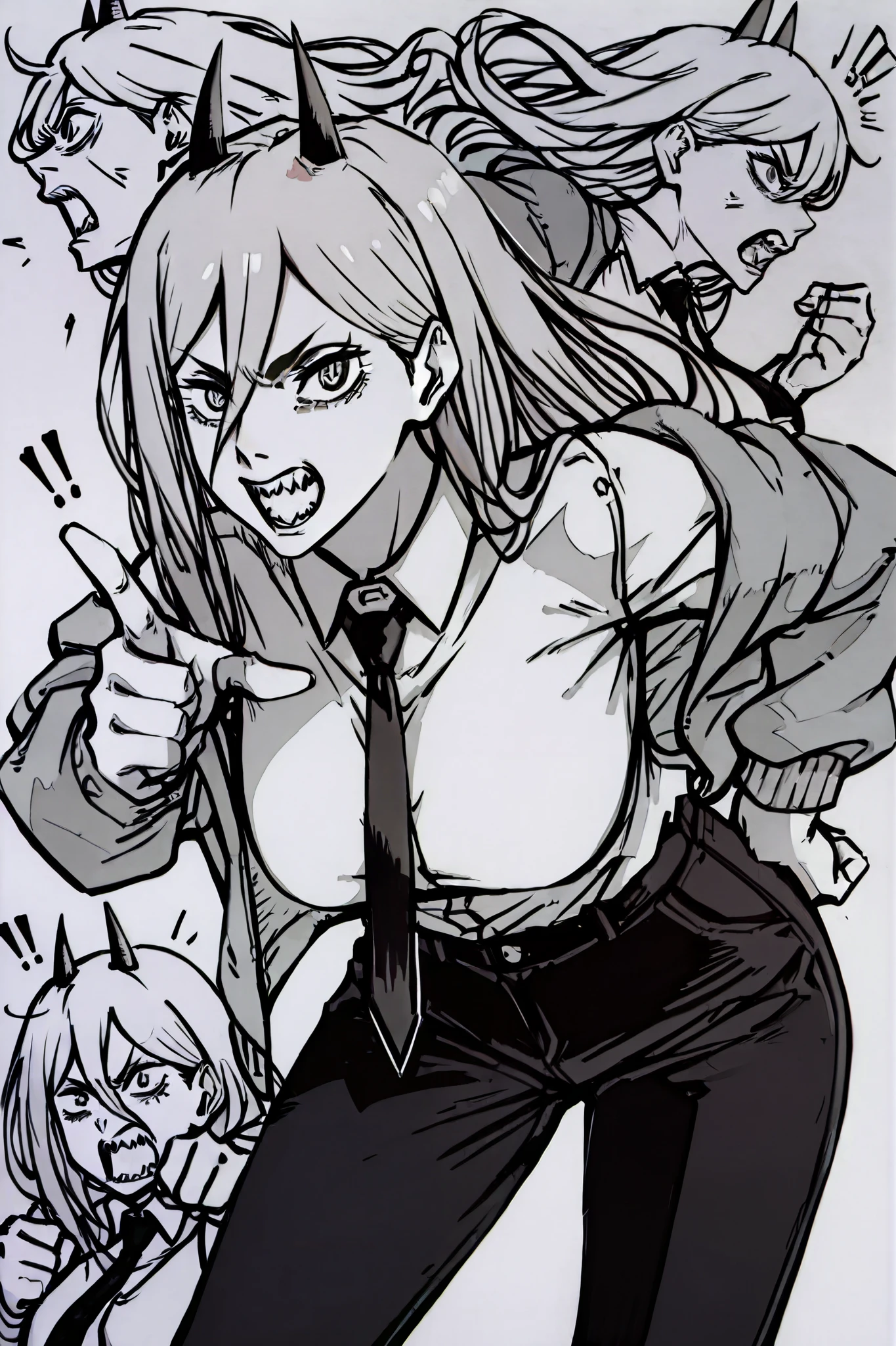 score_9, score_8_up, score_7_up, score_6_up, score_5_up, score_4_up,
BREAK
(masterpiece: 1.0), best quality, perfect anatomy, perfect composition, perfection, UHD, 8k,
BREAK
Cinematic, monochrome, greyscale, line art, lineart, character design, lovely, absolutely beautiful, kdm style
BREAK
Power_(Chainsaw_Man), leaning forward, right hand on hip, left hand pointing, pointer finger, shouting, pointing at viewer, screaming, exclamation marks, playful challenging pose, cross-shaped_pupils, long_hair, horns, collared_shirt, white_shirt, black_necktie, jacket, black_pants, off_shoulder, open_jacket, huge boobs, mischievous grin, sharp teeth, grinning,
