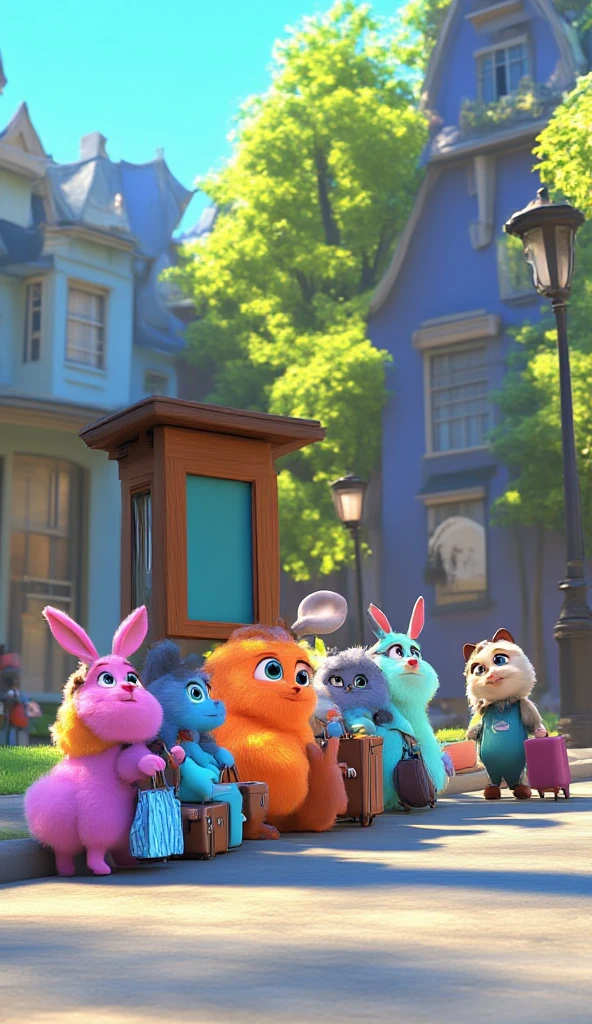 Image of a cute creatures, their body is like a fluffy fur ball, bright colour yet soft tone, tiny hands and legs, big eyes, ears like a cat, tiny fish-like mouth, tail like a . They are many, and each has different fur colour. They are playful. 3D rendered, blender, ethereal.

They are patiently queing in a bus stop, they carry luggages.