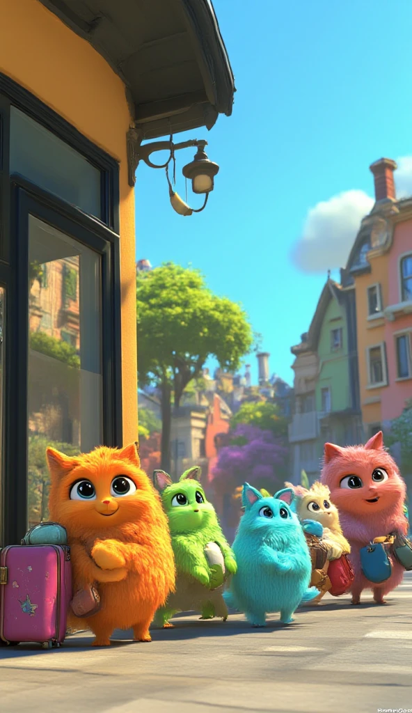 Image of a cute creatures, their body is like a fluffy fur ball, bright colour yet soft tone, tiny hands and legs, big eyes, ears like a cat, tiny fish-like mouth, tail like a . They are many, and each has different fur colour. They are playful. 3D rendered, blender, ethereal.

They are patiently queing in a bus stop, they carry luggages.