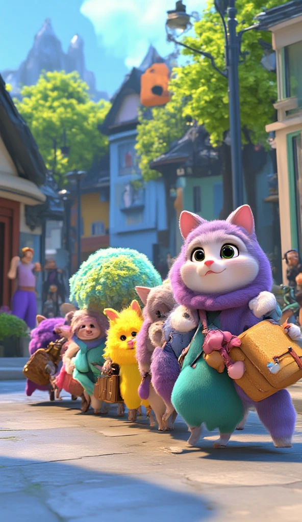 Image of a cute creatures, their body is like a fluffy fur ball, bright colour yet soft tone, tiny hands and legs, big eyes, ears like a cat, tiny fish-like mouth, tail like a . They are many, and each has different fur colour. They are playful. 3D rendered, blender, ethereal.

They are patiently queing in a bus stop, they carry luggages.