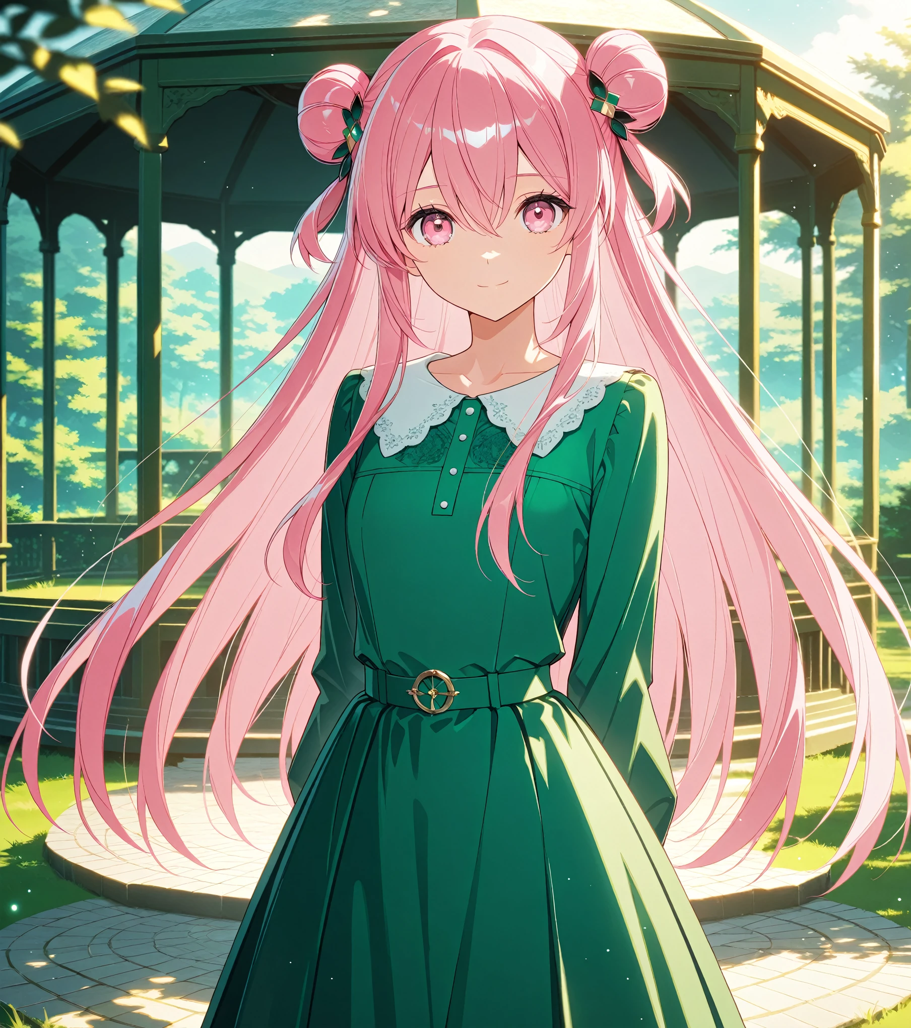 score_9, score_8_up, score_7_up, masterpiece, absurdres, source_anime,safe, 1girl, solo, adult, girl focus, adult, very detailed expressive eyes, very detailed eyes, aesthetic eyes, bright eyes, (bright pink eyes),  pink eyes, beautifully styled hair, very detailed hair, straight hair, bright pink hair, long hair, hair between eyes, (hair styled straight),  (two small hair buns), (straight hair),  loose hair,styled hair,  little smile, looking at viewer, (small breasts), shiny skin, healthy skin colour, BREAK
(green dress,long dress, hair ornament),  standing,  half body, cowboy shot, BREAK
outdoors, nature, gazebo, BREAK
HDR, 8K, masterpiece, best quality, amazing quality, very aesthetic, high resolution, ultra-detailed, absurdres, newest, scenery, 
aesthetic detailed background, best quality, game cg aesthetics,
 beautiful detailed eyes, detailed skin, detailed hair, light particles,  depth of field, natural shadows, 
(masterpiece), ultra-detailed, 1024k UHD wallpaper, ultra-high resolution, depth of field, HDR, Ray tracing, RTX, high saturation, photon mapping, best texture quality, best compotitions, (extremely detailed CG 1024k wallpaper), High Details, Detailed face, Detailed Clothes, Ultra HD Photo, Perfect Face, expressive eyes, bright colours