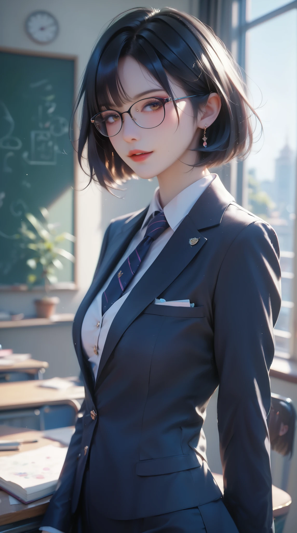 (( best quality )),( ultra high definition),( very detailed ),( detailed description),(( best CG )),(Masterpiece), High Definition Art ,( Art in precise detail:1.5), female teacher, Under-rim glasses, black hair, short hair, Women's Suit