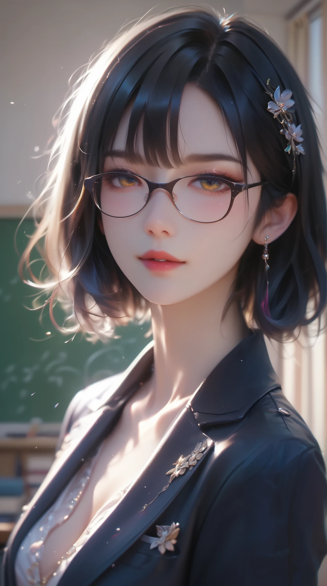 (( best quality )),( ultra high definition),( very detailed ),( detailed description),(( best CG )),(Masterpiece), High Definition Art ,( Art in precise detail:1.5), female teacher, Under-rim glasses, black hair, short hair, Women's Suit