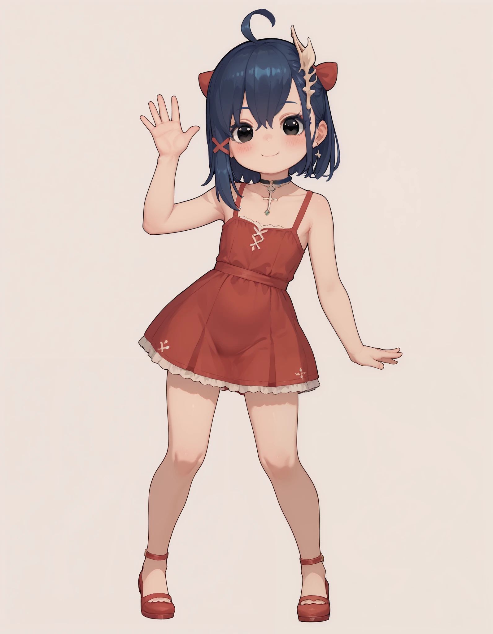 1girl,(TinyMita), (dark blue hair), small, short, (li), cute smile, blushing, (black eyes),, 1, ahoge, 1girl, Red dress with blue and white details , masterpiece, best quality, 8k, high resolution, aesthetically pleasing, full body, looking at viewer, standing, legs spread, waving, waving arms, looking at viewer, white background, simple background, highly rendered, body (finished:1.3), looking at viewer, exposed, pelvic,ass visible through thighs, (Mizumizuni),(Cute).
