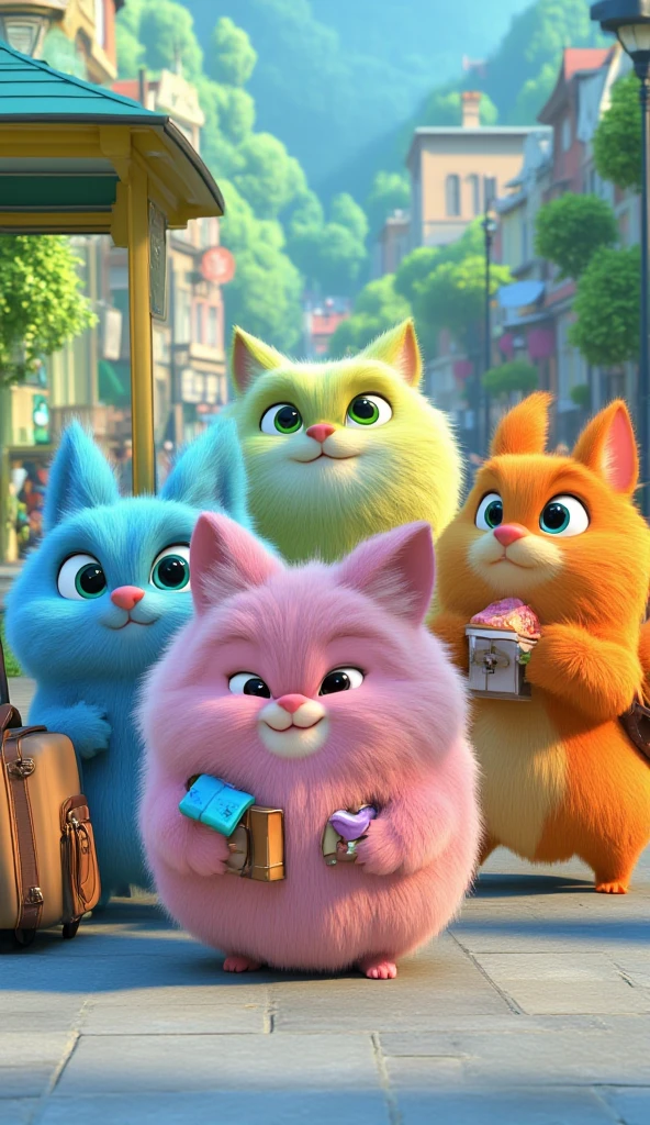 Image of a cute creatures, their body is like a fluffy fur ball, bright colour yet soft tone, tiny hands and legs, big eyes, ears like a cat, tiny fish-like mouth, tail like a . They are many, and each has different fur colour. They are playful. 3D rendered, blender, ethereal.

They are patiently queing in a bus stop, they carry luggages.