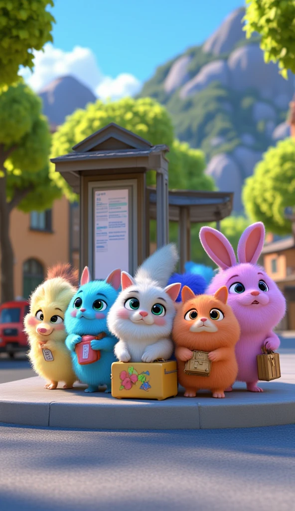 Image of a cute creatures, their body is like a fluffy fur ball, bright colour yet soft tone, tiny hands and legs, big eyes, ears like a cat, tiny fish-like mouth, tail like a . They are many, and each has different fur colour. They are playful. 3D rendered, blender, ethereal.

They are patiently queing in a bus stop, they carry luggages.