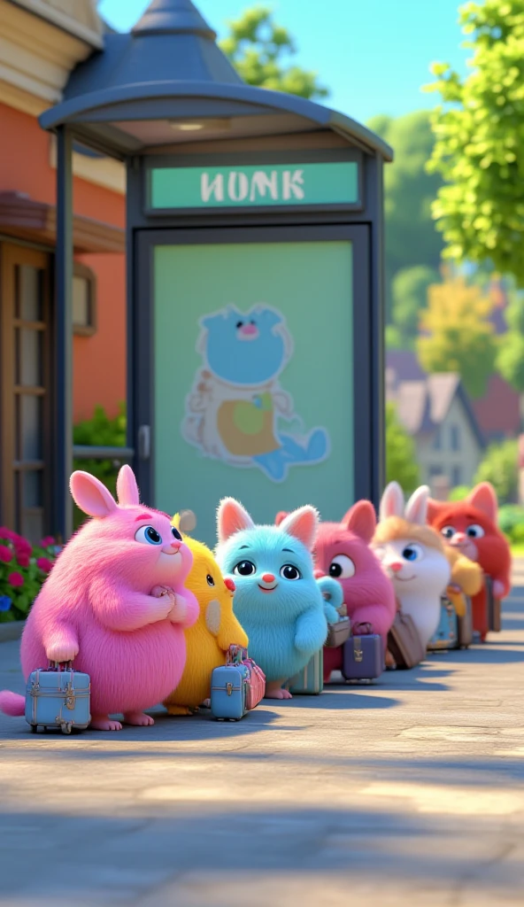 Image of a cute creatures, their body is like a fluffy fur ball, bright colour yet soft tone, tiny hands and legs, big eyes, ears like a cat, tiny fish-like mouth, tail like a . They are many, and each has different fur colour. They are playful. 3D rendered, blender, ethereal.

They are patiently queing in a bus stop, they carry luggages.