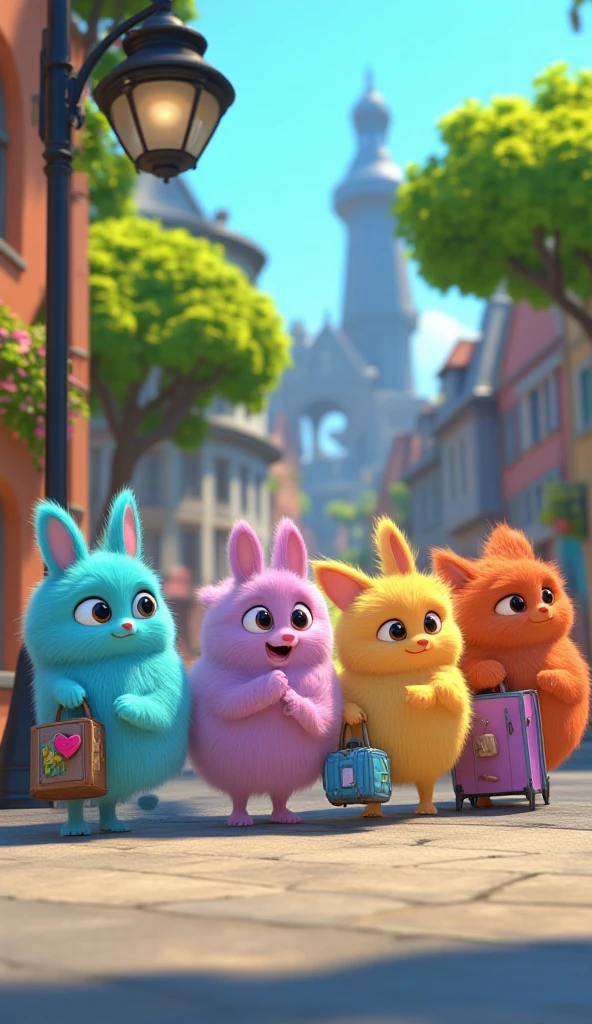 Image of a cute creatures, their body is like a fluffy fur ball, bright colour yet soft tone, tiny hands and legs, big eyes, ears like a cat, tiny fish-like mouth, tail like a . They are many, and each has different fur colour. They are playful. 3D rendered, blender, ethereal.

They are patiently queing in a bus stop, they carry luggages.