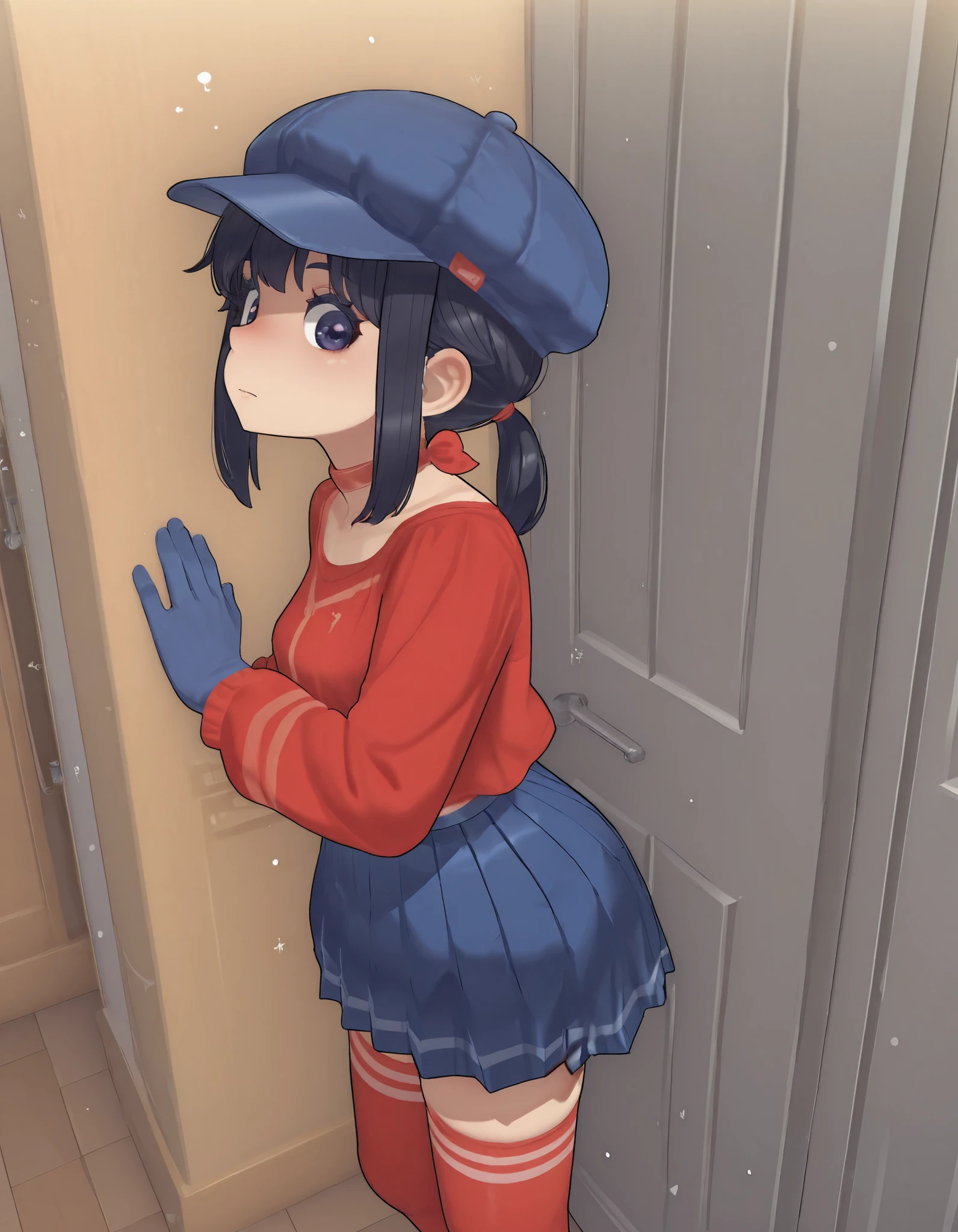 score_9, score_8_up , score_7_up , score_6_up , very perfect, 1, score_9, CoolMita, 1girl, hat, gloves Blue cap, red shirt, blue pleated skirt, red thighhighs, ponytail, masterpiece , best quality , 8k, High resolution , aesthetically pleasing , dark haired , ((Foto em ângulo baixo、Olhando para a câmera: 1,22, Inclinando-se para frente, (Cute),(Mizumizuni)