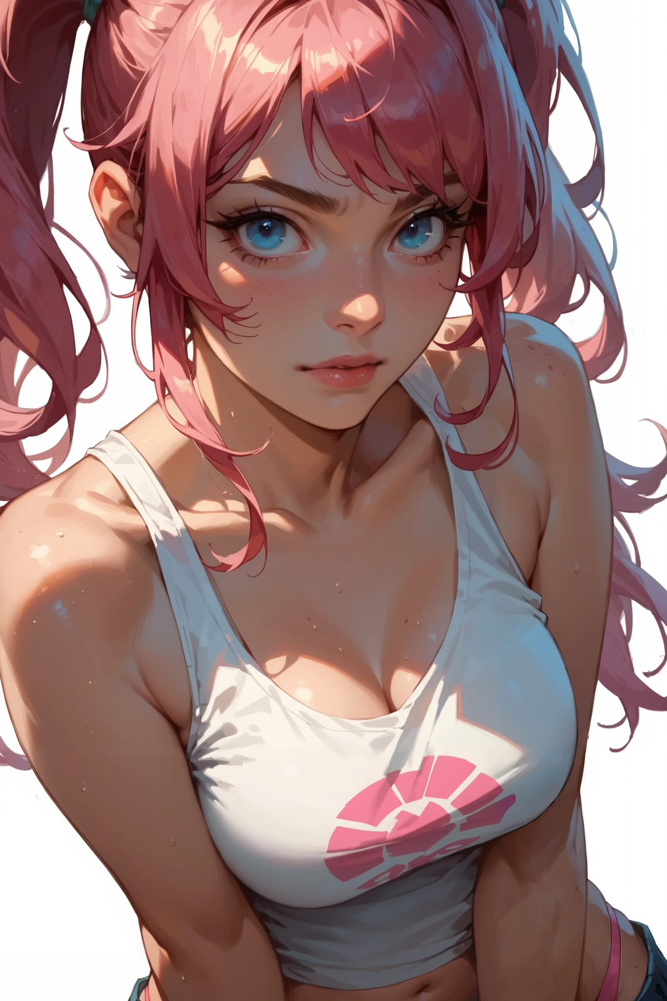 score_9, score_8_up, score_7_up, cartoon of a girl, solo, hair with 2 ponytails , tank top, blue eyes, small cleavage, navel, pink thong, dynamic angle, white background