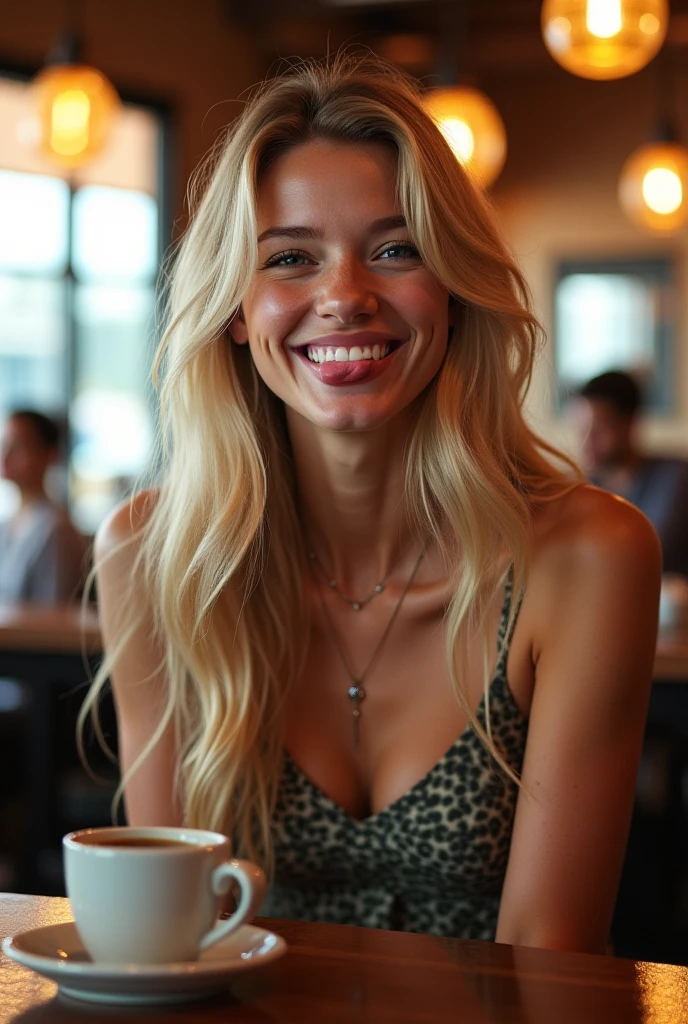 A young Thai woman with a bodybuilder-like physique sits in a coffee shop。, Wearing a wet white top and jeans. She is laughing while drinking coffee with her friends, Create a fun atmosphere. This masterpiece, Expressed in ultra-high definition 8K resolution, Show off every beautiful detail. Her Eyes, Full of vitality and expression, Attractive and beautiful, Her nose is, Sharp and clear, Complementing her facial structure. Her very long, Her golden blonde hair cascades down her shoulders, Adding sparkle to the scene. In this close-up shot taken in a park, Making good use of depth of field、A clear image of a woman and coffee。