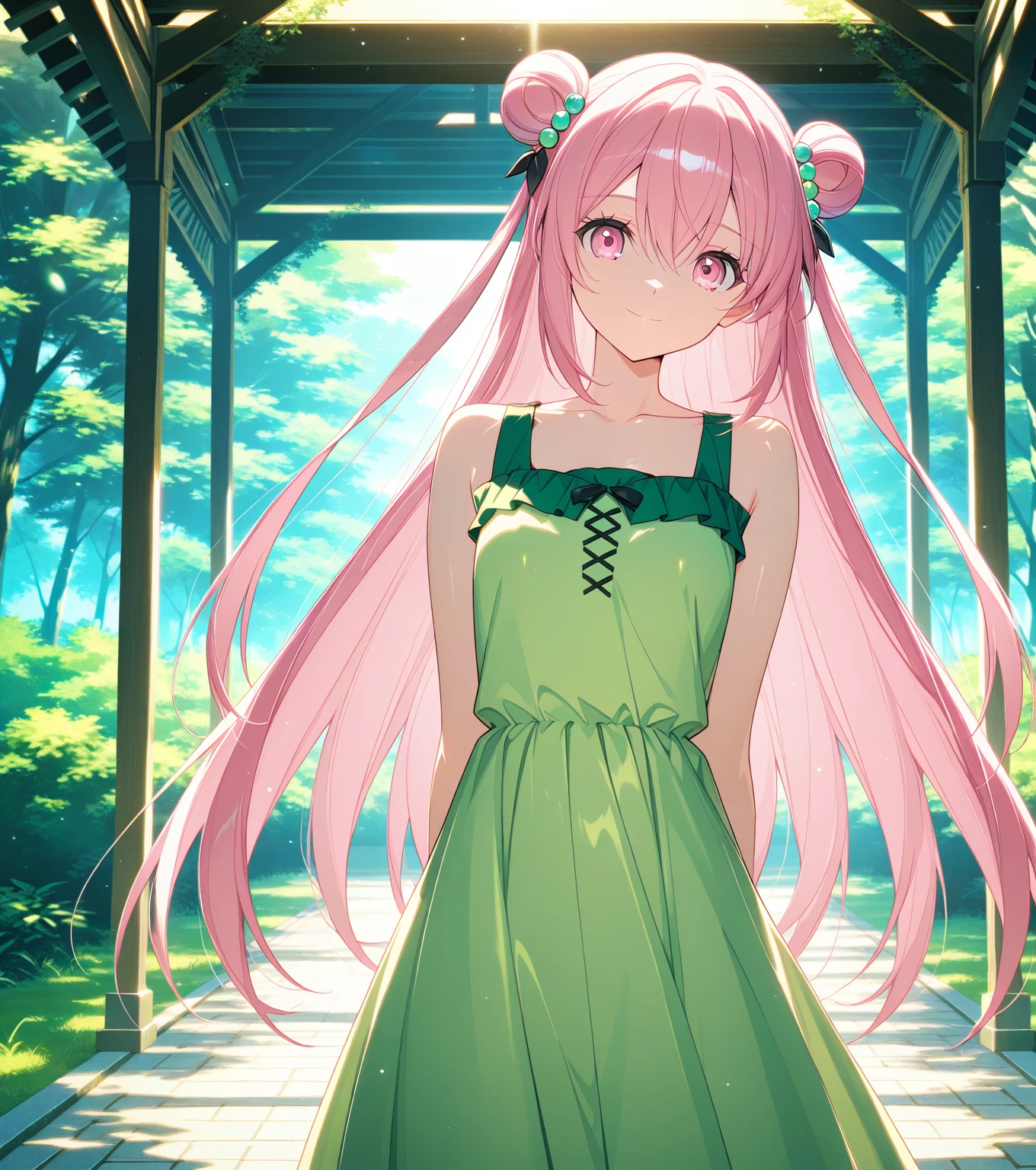 score_9, score_8_up, score_7_up, masterpiece, absurdres, source_anime,safe, 1girl, solo, adult, girl focus, adult, very detailed expressive eyes, very detailed eyes, aesthetic eyes, bright eyes, (bright pink eyes),  pink eyes, beautifully styled hair, very detailed hair, straight hair, bright pink hair, long hair, hair between eyes, (hair styled straight),  (two small hair buns), (straight hair),  loose hair,styled hair,  little smile, looking at viewer, (small breasts), shiny skin, healthy skin colour, BREAK
(green summer dress,long dress, hair ornament),  standing,  half body, cowboy shot, BREAK
outdoors, nature, gazebo, BREAK
HDR, 8K, masterpiece, best quality, amazing quality, very aesthetic, high resolution, ultra-detailed, absurdres, newest, scenery, 
aesthetic detailed background, best quality, game cg aesthetics,
 beautiful detailed eyes, detailed skin, detailed hair, light particles,  depth of field, natural shadows, 
(masterpiece), ultra-detailed, 1024k UHD wallpaper, ultra-high resolution, depth of field, HDR, Ray tracing, RTX, high saturation, photon mapping, best texture quality, best compotitions, (extremely detailed CG 1024k wallpaper), High Details, Detailed face, Detailed Clothes, Ultra HD Photo, Perfect Face, expressive eyes, bright colours