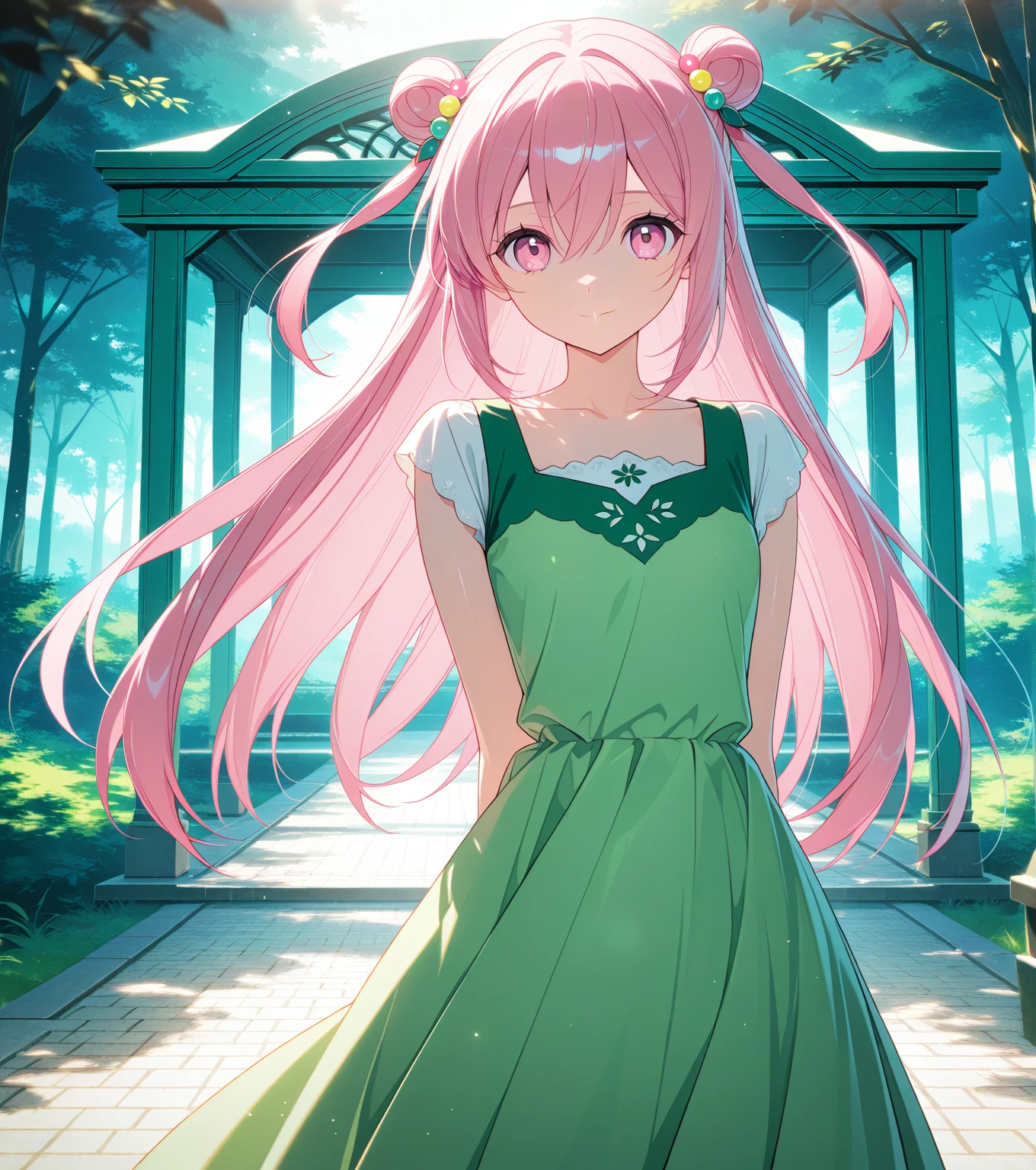 score_9, score_8_up, score_7_up, masterpiece, absurdres, source_anime,safe, 1girl, solo, adult, girl focus, adult, very detailed expressive eyes, very detailed eyes, aesthetic eyes, bright eyes, (bright pink eyes),  pink eyes, beautifully styled hair, very detailed hair, straight hair, bright pink hair, long hair, hair between eyes, (hair styled straight),  (two small hair buns), (straight hair),  loose hair,styled hair,  little smile, looking at viewer, (small breasts), shiny skin, healthy skin colour, BREAK
(green spring dress,long dress, hair ornament),  standing,  half body, cowboy shot, BREAK
outdoors, nature, gazebo, BREAK
HDR, 8K, masterpiece, best quality, amazing quality, very aesthetic, high resolution, ultra-detailed, absurdres, newest, scenery, 
aesthetic detailed background, best quality, game cg aesthetics,
 beautiful detailed eyes, detailed skin, detailed hair, light particles,  depth of field, natural shadows, 
(masterpiece), ultra-detailed, 1024k UHD wallpaper, ultra-high resolution, depth of field, HDR, Ray tracing, RTX, high saturation, photon mapping, best texture quality, best compotitions, (extremely detailed CG 1024k wallpaper), High Details, Detailed face, Detailed Clothes, Ultra HD Photo, Perfect Face, expressive eyes, bright colours