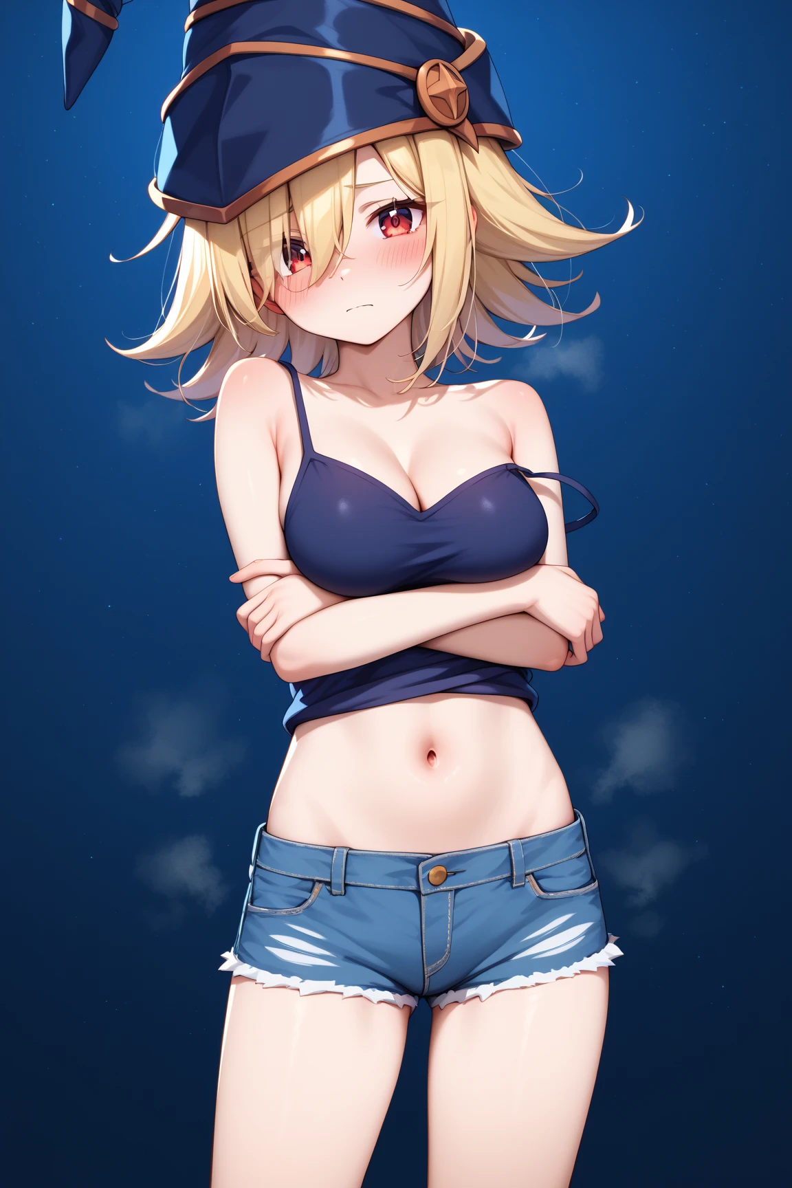 (masterpiece), (best quality), (ultra-detailed),(Style Princess:0.8), Solo, (1girl), single, The face is round and cute, (Dot pattern Panties), ( light blue panties), light blue bra, ultra-small panties, Exposed shoulders, Exposed thighs, only panties and bra, Nudie, (Plain panties), (Wrinkled_Panties), extreamly detailed crotch, Crotch line, Standing, Well-endowed, breasts,(Angle from below), chuckle, My cheeks are red.Overreaction:The girl's surprised expression was、Improbable overreaction.Drawn like a manga or anime。 Cheeks and hands are depicted,yellow Hair, braid, (graffiti murals wall background:1.15), Brilliant Colorful Paintings, bloom, Against Wall, Bangs, reflection