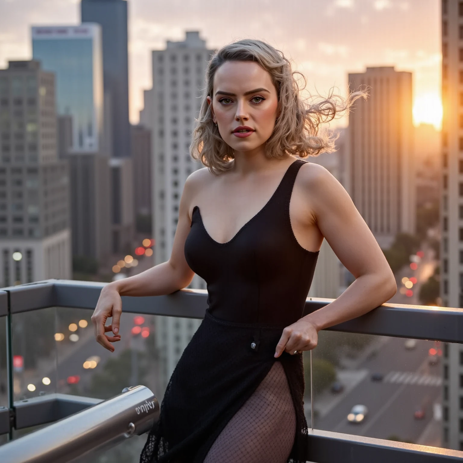 sydsw woman,high resolution photo,her hair is blonde and shoulder length ,(full body shot:1.2),dramatic lighting,volumetric lighting,film grain,cinematic,walking in the street,looking at camera,depth of field,bokeh
