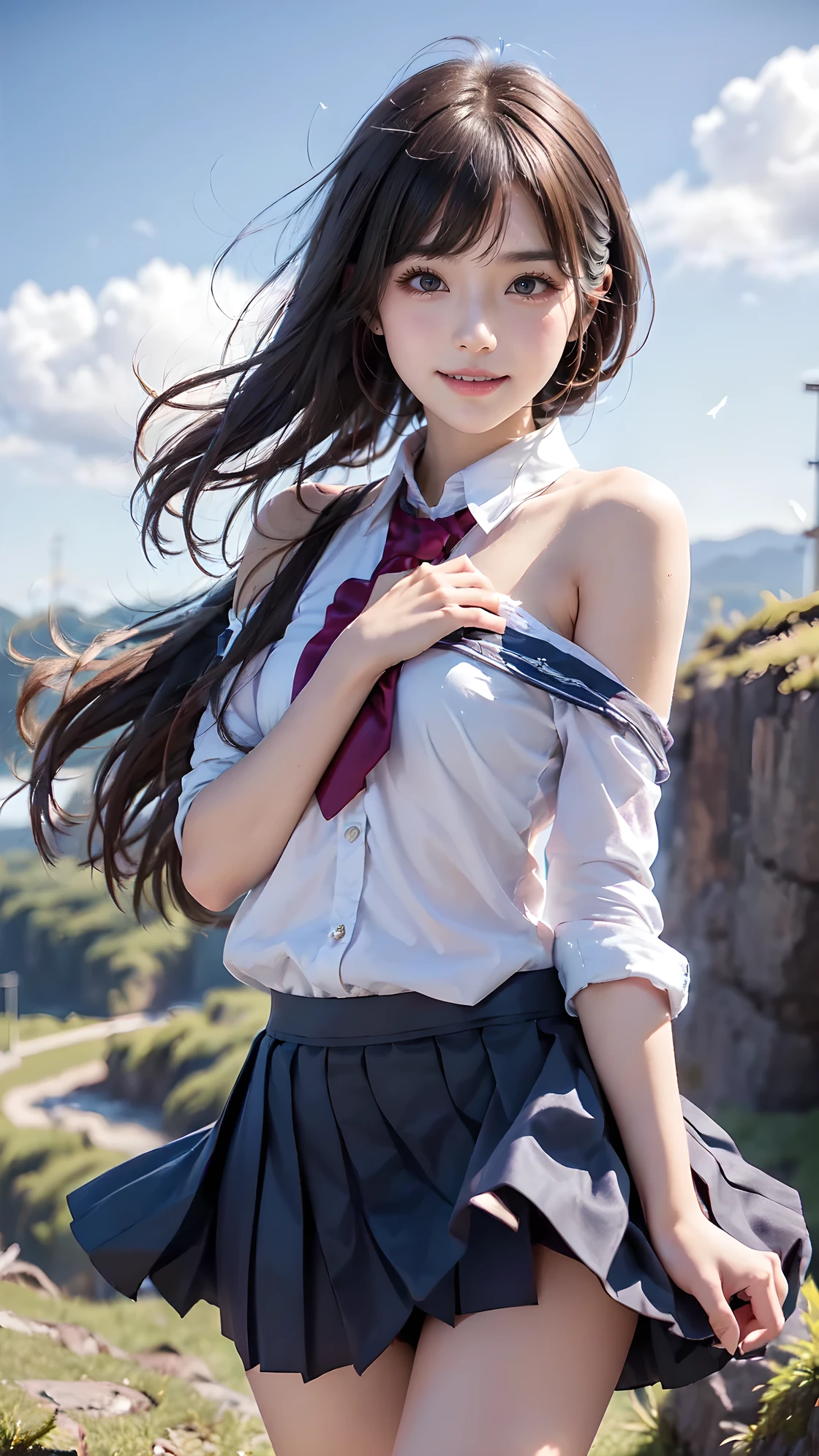 ((( top quality))), ((masterpiece)), ( Details), ((solo)), ((((( high school girl in school uniform))))), ((Delicate body)), ((((((((A skirt that rises in the wind)))))))), (( white skin)), Mysterious Light, ((((((Angle of view that includes face and whole body)))))), ((( well-prepared face))), (( big eyes)), (((((Droopy eyes))))), ((((Closer Eyes)))), Slim beautiful buttocks, (Glowing skin), (( angle from below)), (((( correct anatomy)))), share, ((((Stylish bangs)))), (Short body), ((((((outcrop)))))), Slender legs, (((((Embarrassed face))))), (((((Raise your shoulders))))), (((smile))), ((night)), Small face, (((( on top of the hill)))), (((( excitement )))),