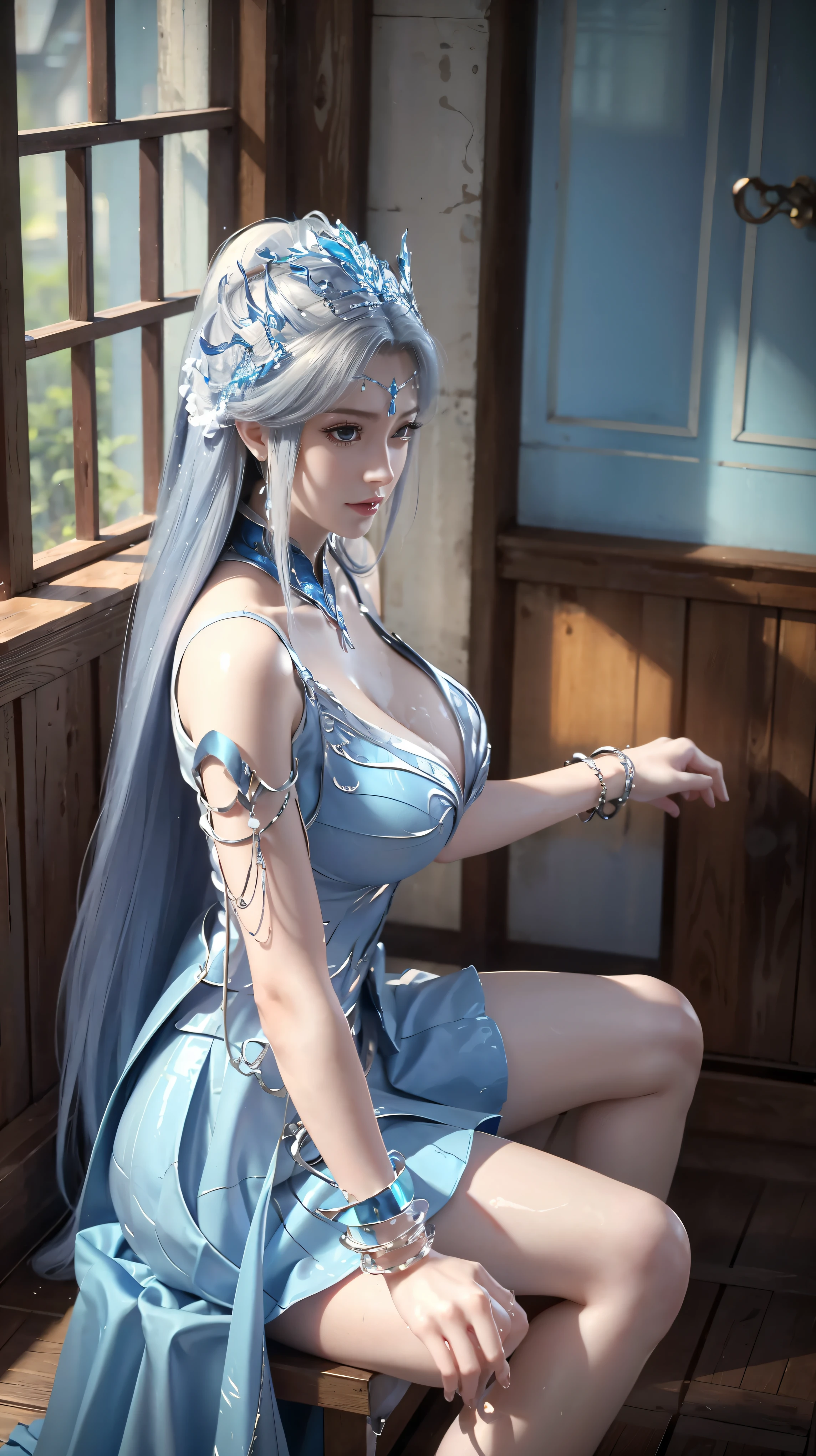 table top, highest quality, 1 girl, famouaiden Lily's brilliance) (azur lane), gray hair, very long hair, blue eyes, hair ornaments, chest, cleavage, qipao dress, Chinese service, Official alternate costume, white thighs, garter strap, short sleeve, lanthanum,