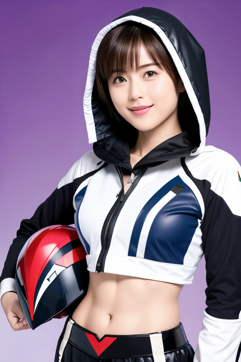 348 (20-year-old female, short hair), ( HD), (smile), (Gatchaman's combat uniform), (beak-shaped transparent hooded helmet), ( abs)