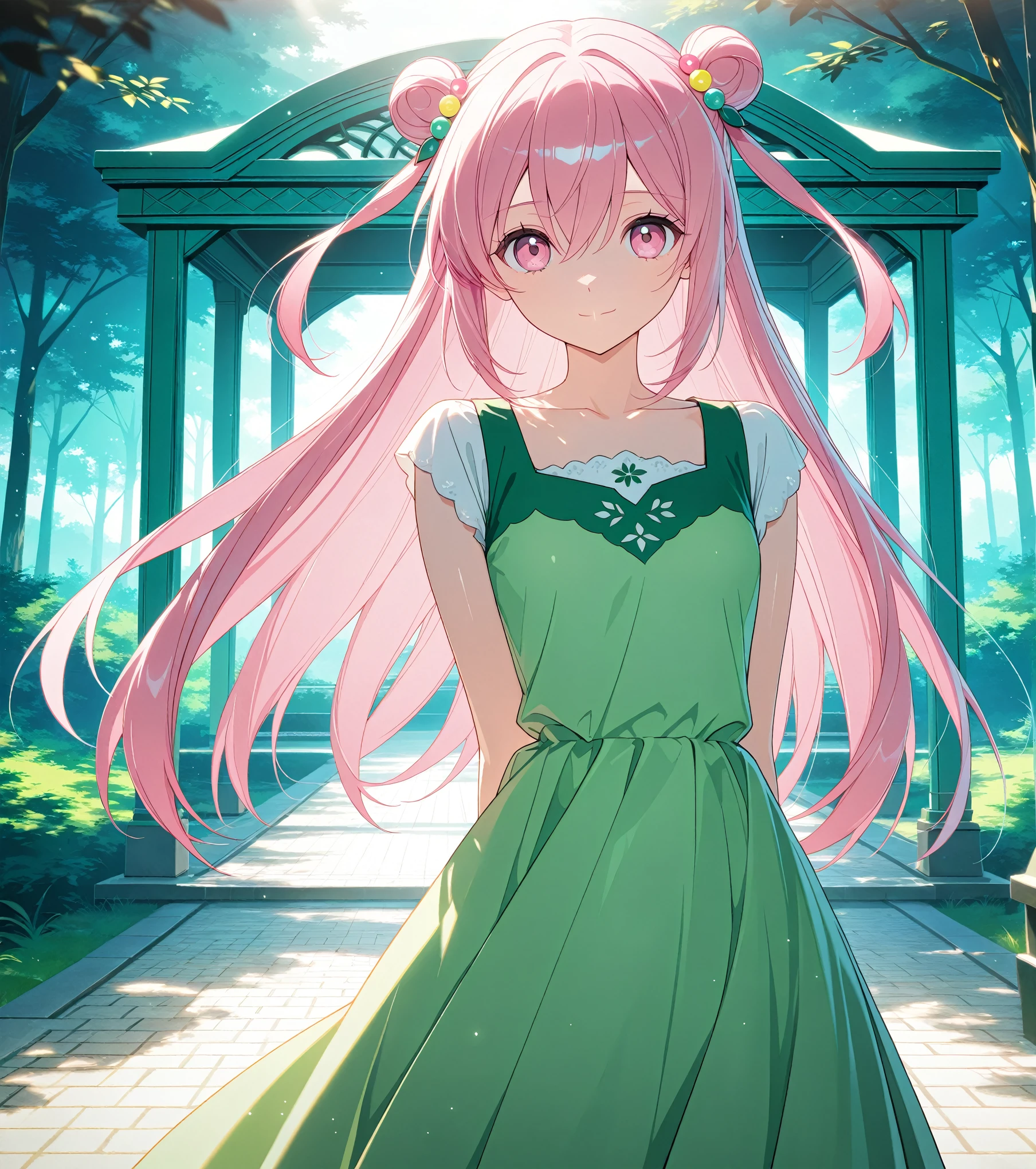 score_9, score_8_up, score_7_up, masterpiece, absurdres, source_anime,safe, 1girl, solo, adult, girl focus, adult, very detailed expressive eyes, very detailed eyes, aesthetic eyes, bright eyes, (bright pink eyes),  pink eyes, beautifully styled hair, very detailed hair, straight hair, bright pink hair, long hair, hair between eyes, (hair styled straight),  (two small hair buns), (straight hair),  loose hair,styled hair,  little smile, looking at viewer, (small breasts), shiny skin, healthy skin colour, BREAK
(green spring dress,long dress, hair ornament),  standing,  half body, cowboy shot, BREAK
outdoors, nature, gazebo, BREAK
HDR, 8K, masterpiece, best quality, amazing quality, very aesthetic, high resolution, ultra-detailed, absurdres, newest, scenery, 
aesthetic detailed background, best quality, game cg aesthetics,
 beautiful detailed eyes, detailed skin, detailed hair, light particles,  depth of field, natural shadows, 
(masterpiece), ultra-detailed, 1024k UHD wallpaper, ultra-high resolution, depth of field, HDR, Ray tracing, RTX, high saturation, photon mapping, best texture quality, best compotitions, (extremely detailed CG 1024k wallpaper), High Details, Detailed face, Detailed Clothes, Ultra HD Photo, Perfect Face, expressive eyes, bright colours