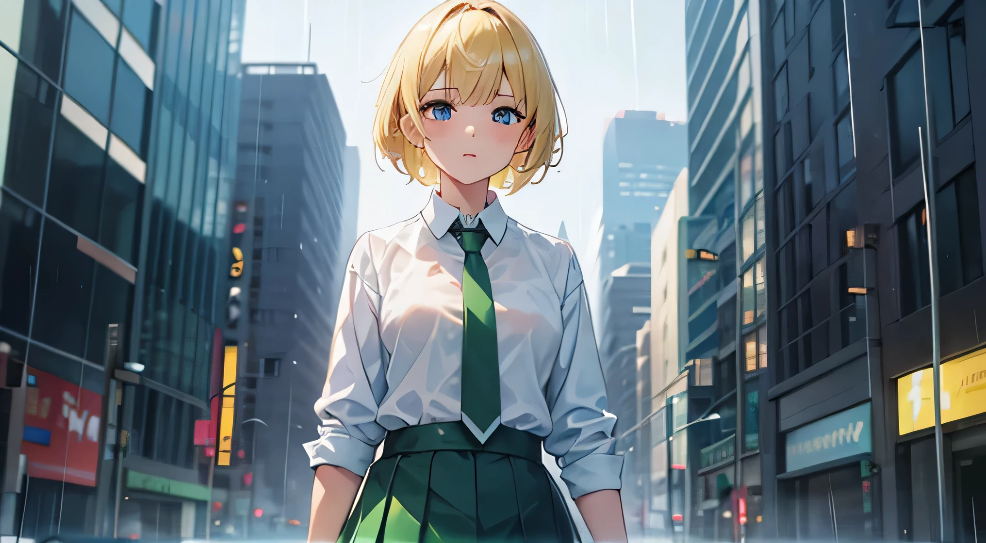 1 girl, Blonde, short hair, blue eyes, white shirt, green tie, green skirt, city, rain, detailed background