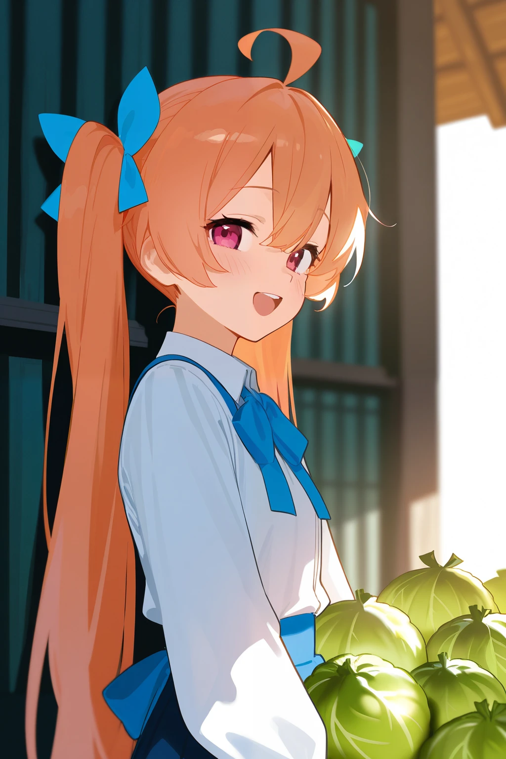 women in agriculture、 Laugh happily while showing off your cabbage harvest Miku doll、Beautiful pictures of farm work