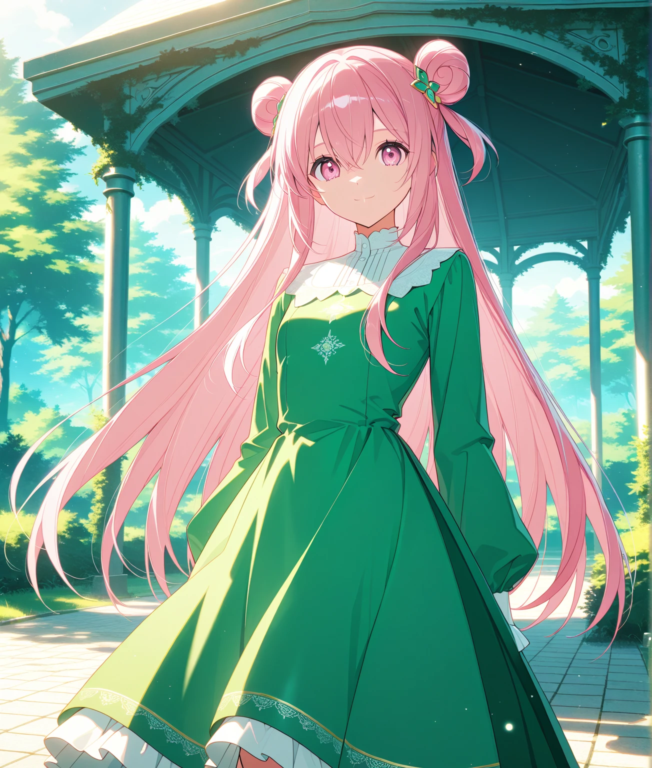 score_9, score_8_up, score_7_up, masterpiece, absurdres, source_anime,safe, 1girl, solo, adult, girl focus, adult, very detailed expressive eyes, very detailed eyes, aesthetic eyes, bright eyes, (bright pink eyes),  pink eyes, beautifully styled hair, very detailed hair, straight hair, bright pink hair, long hair, hair between eyes, (hair styled straight),  (two small hair buns), (straight hair),  loose hair,styled hair,  little smile, looking at viewer, (small breasts), shiny skin, healthy skin colour, BREAK
(green spring dress,long dress, hair ornament),  standing,  half body, cowboy shot, BREAK
outdoors, nature, gazebo, BREAK
HDR, 8K, masterpiece, best quality, amazing quality, very aesthetic, high resolution, ultra-detailed, absurdres, newest, scenery, 
aesthetic detailed background, best quality, game cg aesthetics,
 beautiful detailed eyes, detailed skin, detailed hair, light particles,  depth of field, natural shadows, 
(masterpiece), ultra-detailed, 1024k UHD wallpaper, ultra-high resolution, depth of field, HDR, Ray tracing, RTX, high saturation, photon mapping, best texture quality, best compotitions, (extremely detailed CG 1024k wallpaper), High Details, Detailed face, Detailed Clothes, Ultra HD Photo, Perfect Face, expressive eyes, bright colours