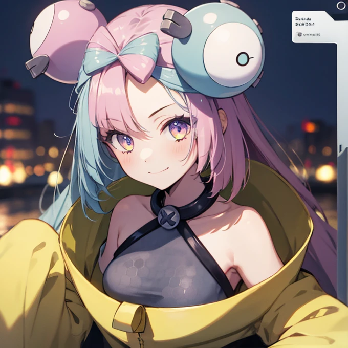 masterpieces , best quality , perfect face, Highest Resolution , best quality , eyes, 8k, one girl, long hair, yellow jacket, Long Sleeve , hair ornament, metaverse , Virtual studio , Live Streaming , relaxed face, small smile