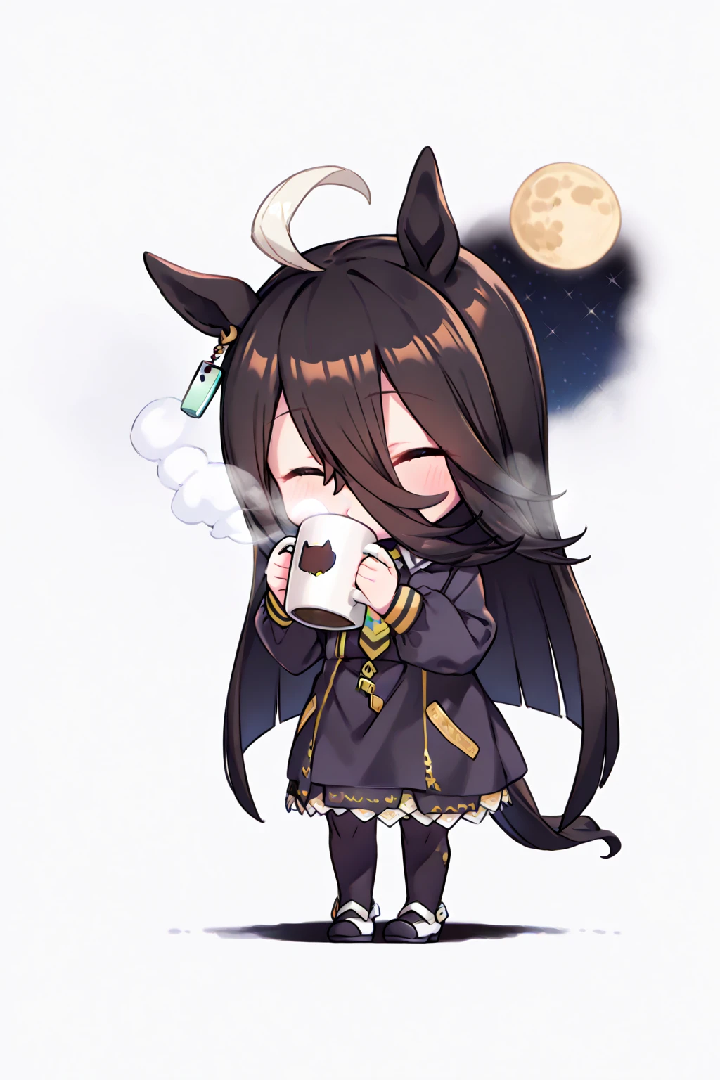 ( best quality ),( high resolution),( Uma Musume, Manhattan Cafe ),(Black clothes,Pitch black),(full body shot), Close your eyes,(Holding a mug, steam ),( drinking coffee),(Continued ,night,moon, starry sky ),(( black background))