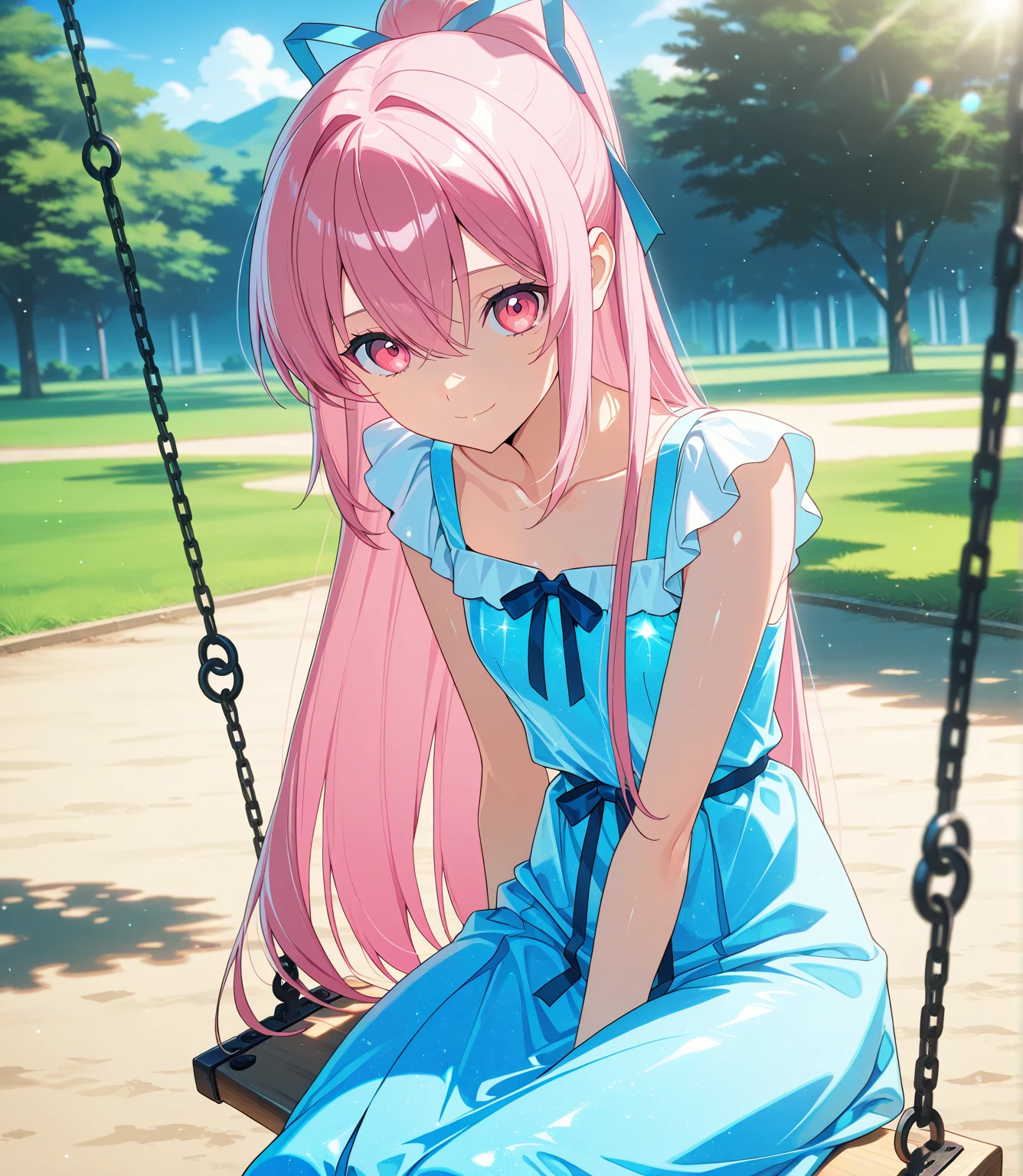 score_9, score_8_up, score_7_up, masterpiece, absurdres, source_anime,1girl, solo, adult, girl focus, adult, very detailed expressive eyes, (very detailed eyes), aesthetic eyes, bright eyes, (bright pink eyes),  pink eyes, beautifully styled hair, very detailed hair, straight hair, bright pink hair, long hair, hair between eyes, (styled ponytail), (slim ponytail), (straight hair), (straight ponytail),styled hair,  little smile, looking at viewer, small breasts, shiny skin, healthy skin colour, face focus, BREAK
(blue summer dress, multicoloured dress, ribbons, long dress), half body, cowboy shot, BREAK
(outdoors, sitting on swing, tress, day), BREAK
HDR, 8K, masterpiece, best quality, amazing quality, very aesthetic, high resolution, ultra-detailed, absurdres, newest, scenery, aesthetic detailed background, very detailed background, best quality, game cg aesthetics, beautiful detailed eyes, detailed skin, detailed hair, light particles,  depth of field, 
(masterpiece), best quality, ultra-detailed, 1024k UHD wallpaper, ultra-high resolution, depth of field, HDR, Ray tracing, RTX, high saturation, photon mapping, best texture quality, best compotitions, (extremely detailed CG 1024k wallpaper), High Details, Detailed face, Detailed Clothes, Ultra HD Photo, Perfect Face, expressive eyes, bright colours