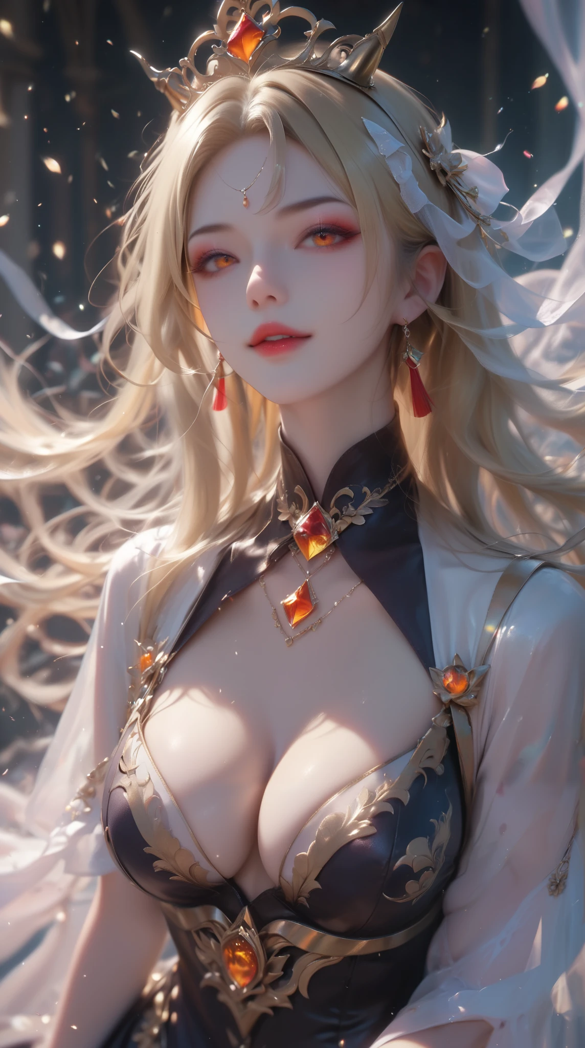 (( best quality )),(  ultra high definition),( very detailed ),(  detailed description),((  best CG  )),(Masterpiece), High Definition Art ,( Art in precise detail:1.5), Empress, Rin々Successfully, Glorious Crown,  long blonde,  orange eyes , jewel studded dress, True Red,  deep cleavage,  Wind flow, Reflected Light, Floating light particles, 
