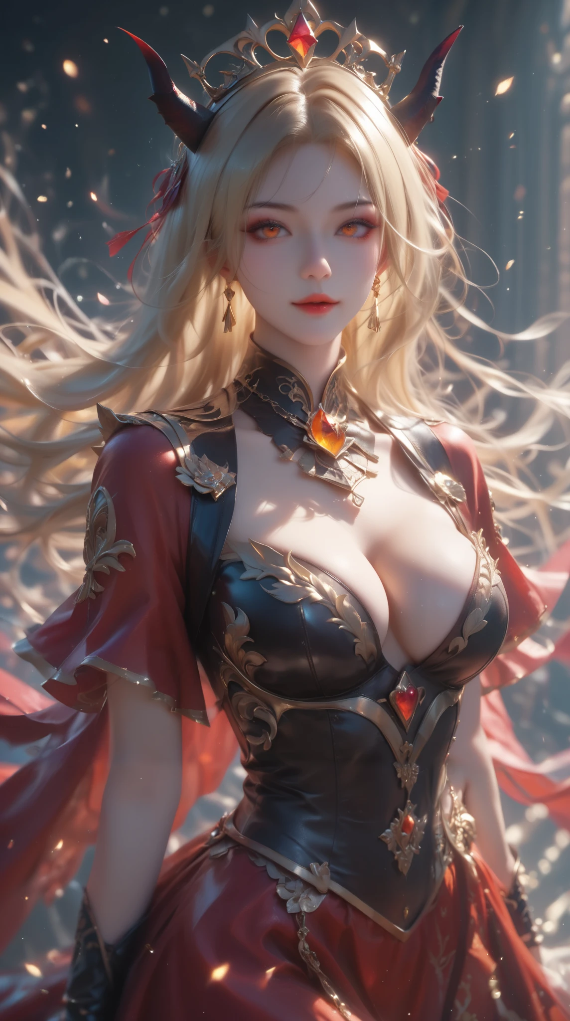 (( best quality )),(  ultra high definition),( very detailed ),(  detailed description),((  best CG  )),(Masterpiece), High Definition Art ,( Art in precise detail:1.5), Empress, Rin々Successfully, Glorious Crown,  long blonde,  orange eyes , jewel studded dress, True Red,  deep cleavage,  Wind flow, Reflected Light, Floating light particles, 