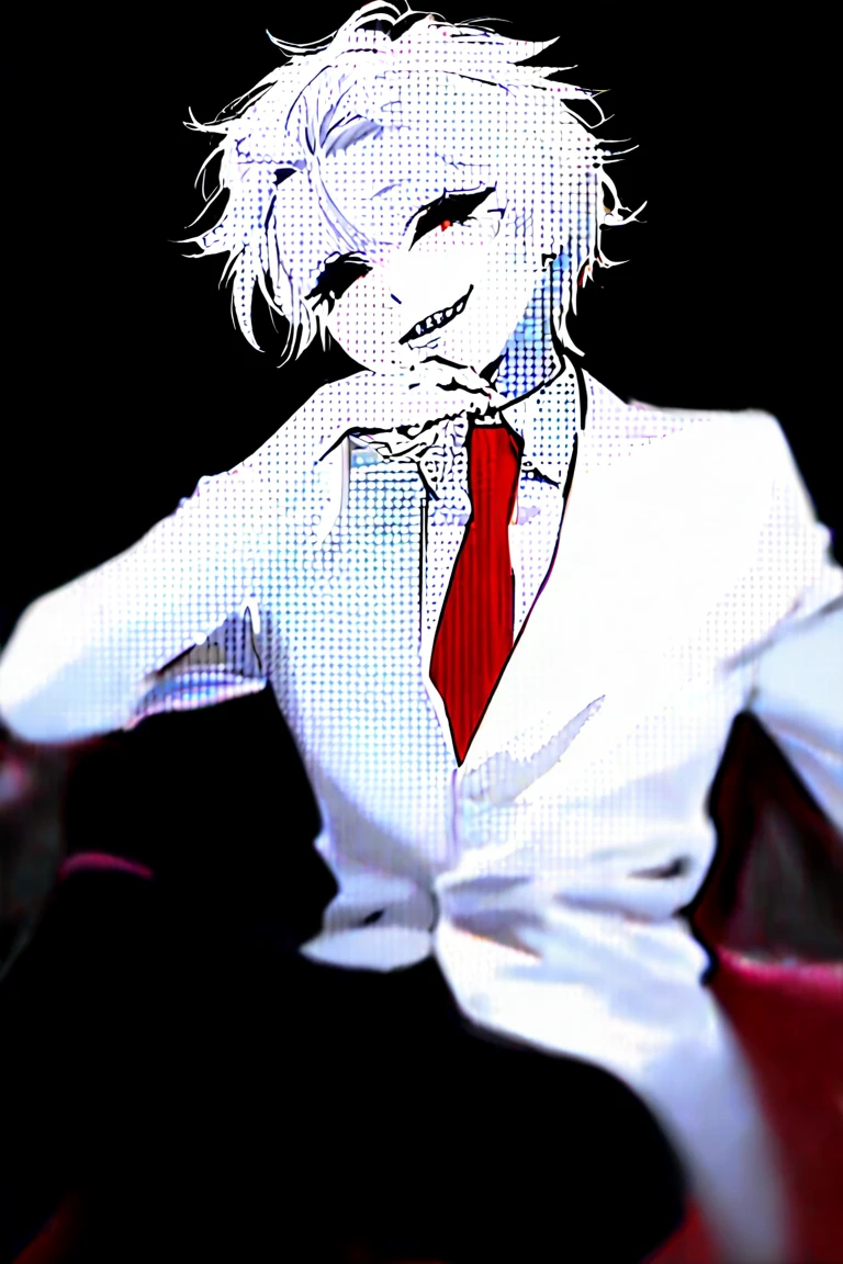 white skeleton, Killer sans, no eyes, black goop from eyes, angry, smiling, hands holding knife, blue jacket, black shirt, white shorts, red target in front of chest, black outline