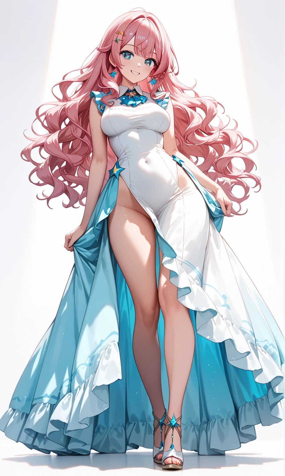 （（8K，masterpiece，the most beautifully illustrated）, （Hyper-detailing，Ultra-clear），（（white wavy extra-long curls）：1.3，choker necklace，ear jewelry，pink and moist lips，），1 busty girl，quiet and welcoming classroom，white super long hair，White wavy curls，shiny hair，shiny skin, open student uniform，elegant and beautiful hairpin，bare-legged and high heels，reasonable movement，fair and moisturized skin