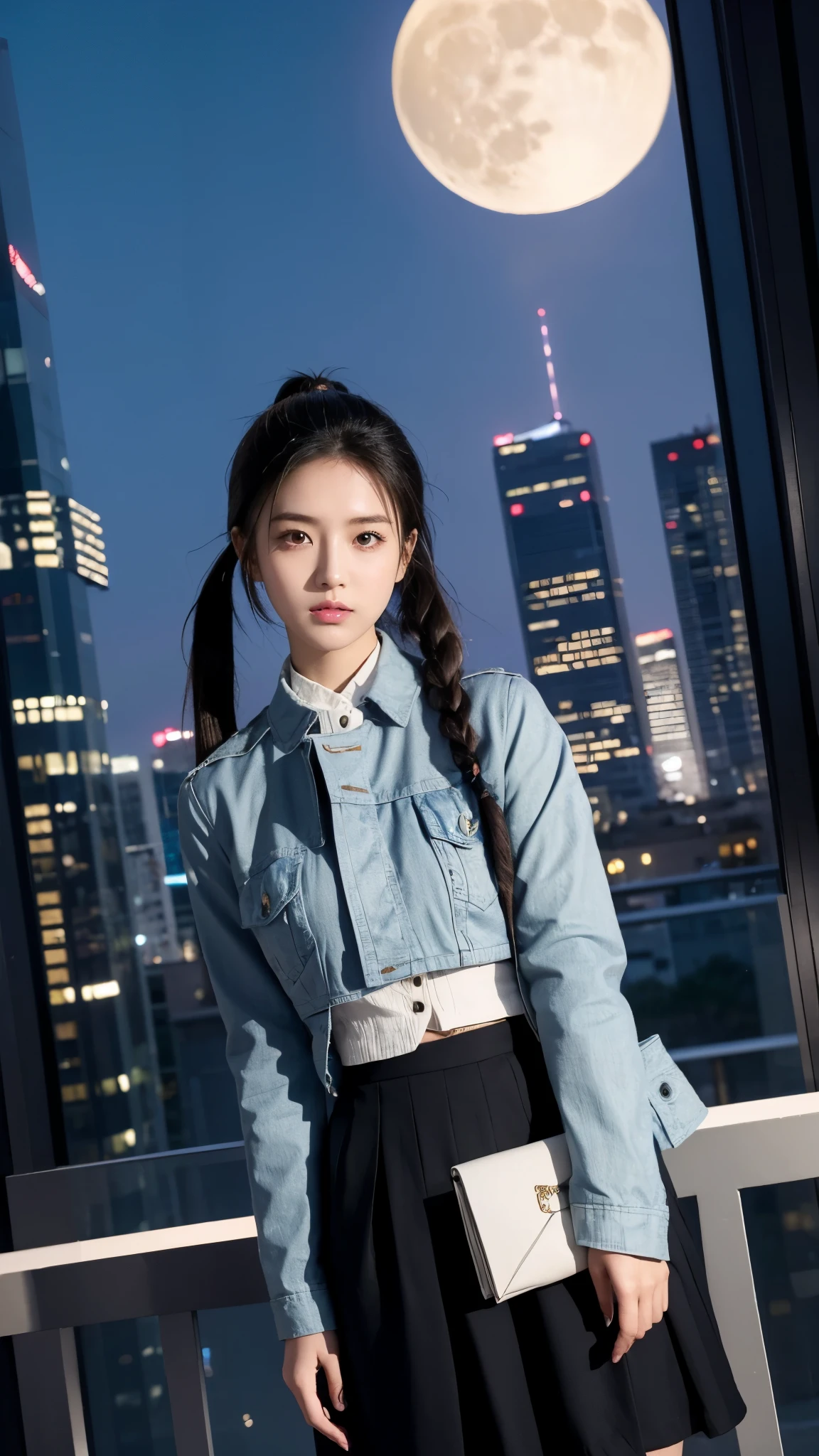 A stylish modern Korean girl wearing trendy blue clothing, such as a fashionable jacket, skirt, and accessories, inspired by contemporary street fashion. Her hairstyle remains similar to the original reference with two long, flowing twin ponytails, but more realistic in detail. The background features a nighttime cityscape, with a full moon shining in the upper right and skyscrapers resembling the reference image. The girl's position is on top of the building. Vague