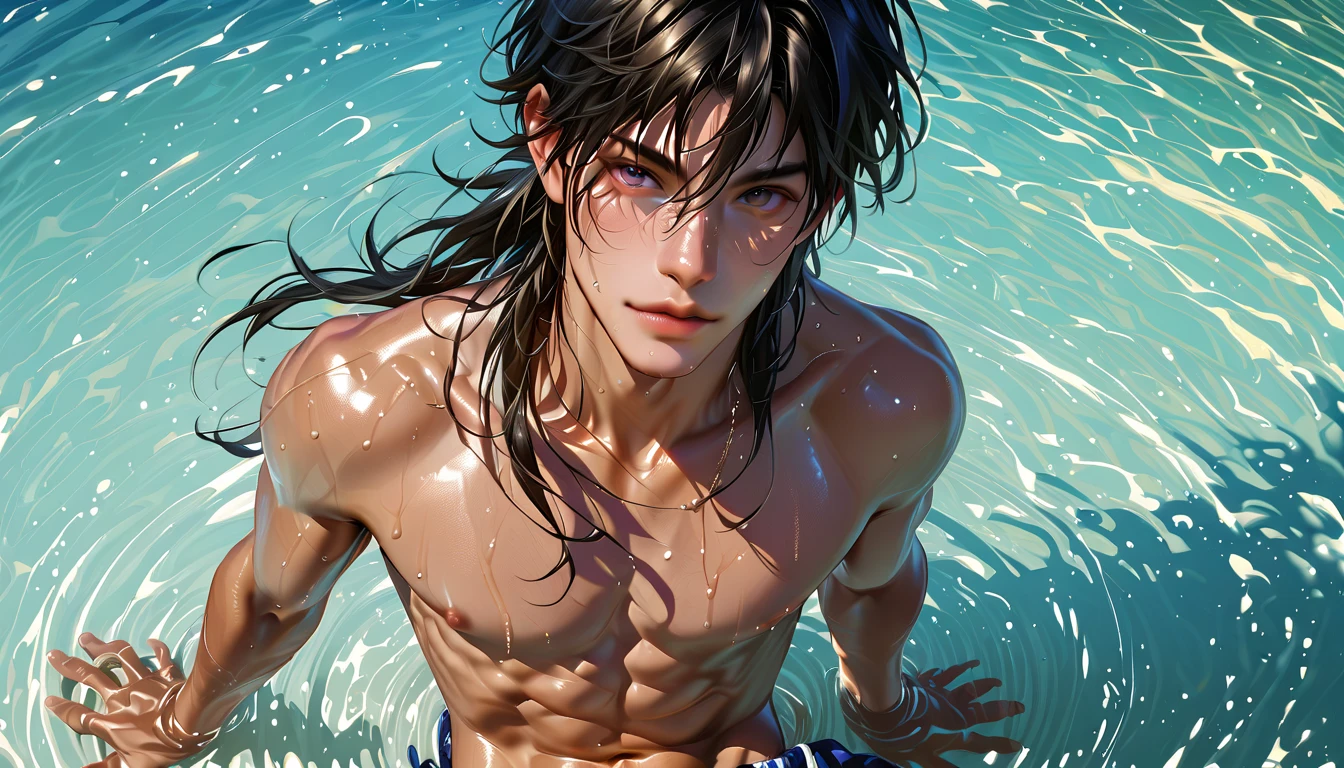 a stunning boy, younger than aged 20 old, with splendid long black hair, he is tanned, with a sweet facial expression, he is under the water searching corals, he is completely naked, hairless body, slim abs, he is showing his small completely hairless wet erected penis. while he is swimming horizontally in the colorful ocean floor full of corals and fishes