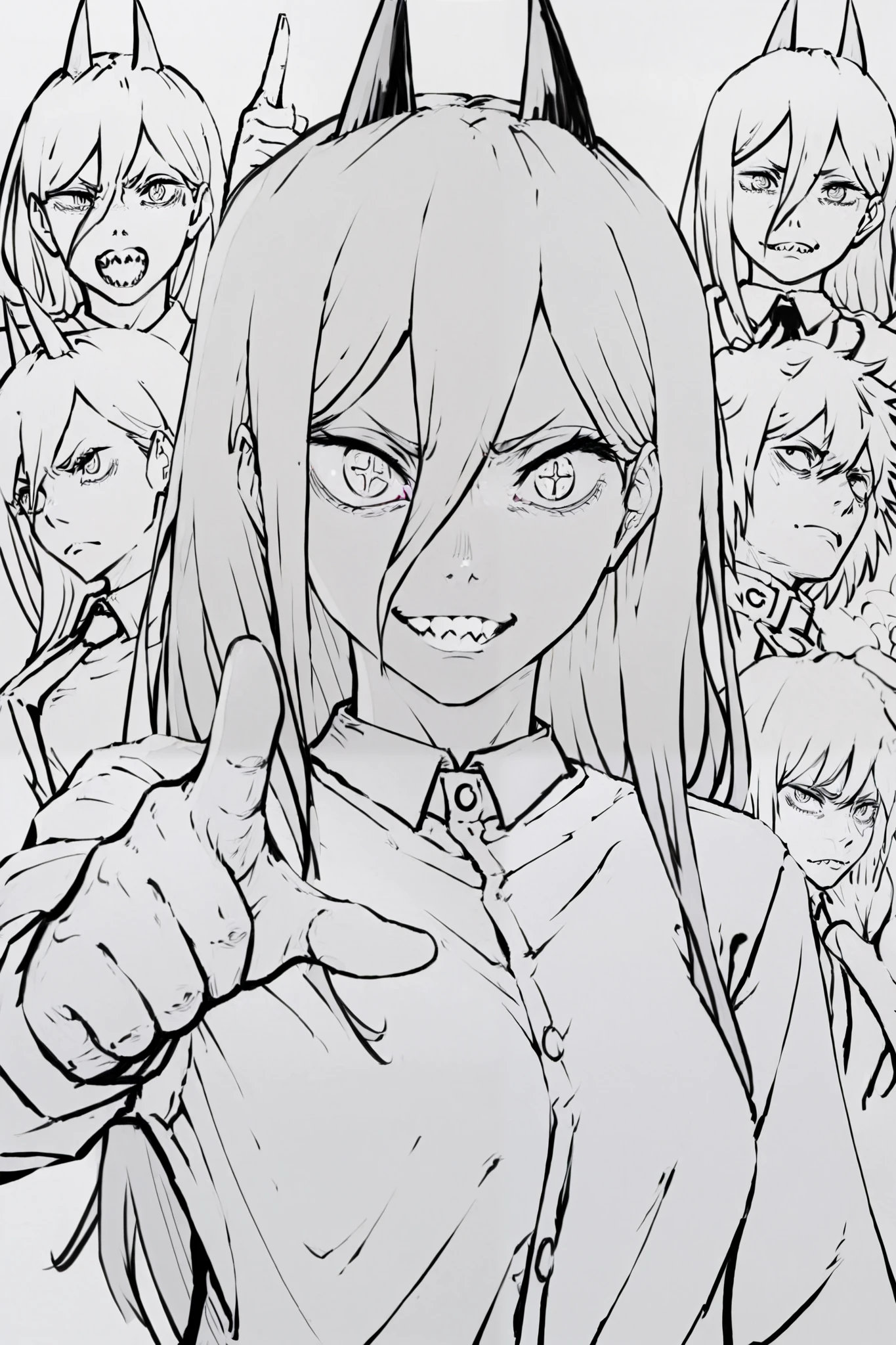 score_9, score_8_up, score_7_up, score_6_up, score_5_up, score_4_up,
BREAK
(masterpiece: 1.0), best quality, perfect anatomy, perfect composition, perfection, UHD, 8k,
BREAK
Cinematic, monochrome, greyscale, line art, lineart, character design, lovely, absolutely beautiful, kdm style
BREAK
POV, small breasts, Power_chainsaw man, monochrome, shirt, horns, cross shaped pupils, pointing at viewer, smile, sharp teeth,