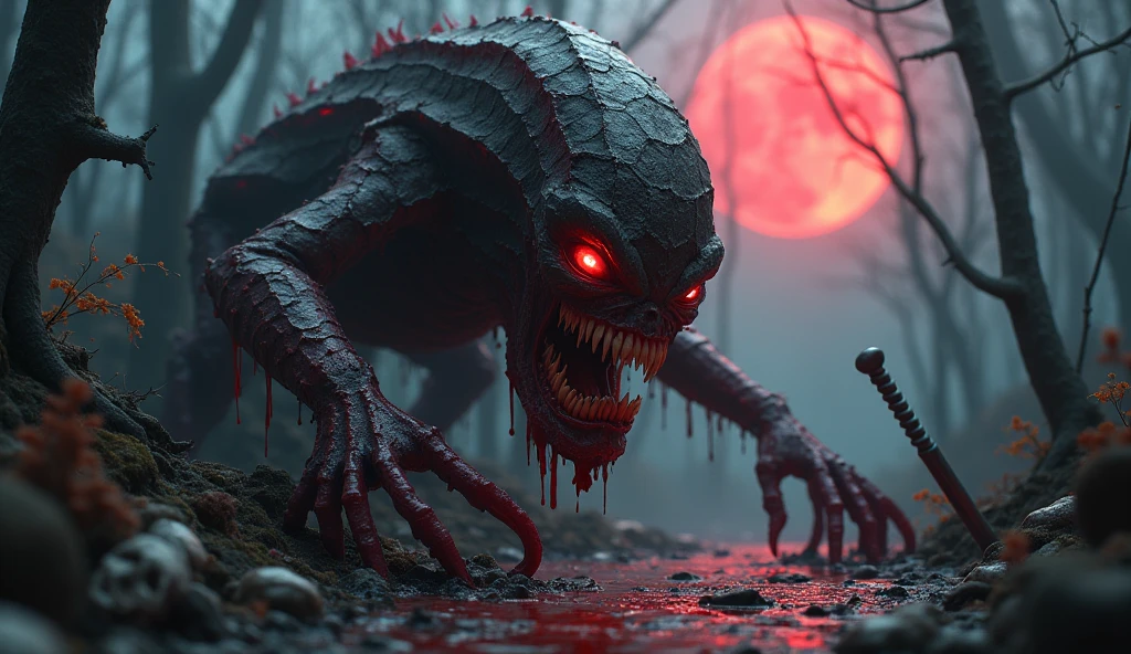 the dark forest,the red moon reflects the red light on the lake,the atmosphere of terror,there is a terrible monster is drinking water by the lake,monsters look to the audience,blood from the monster's mouth,