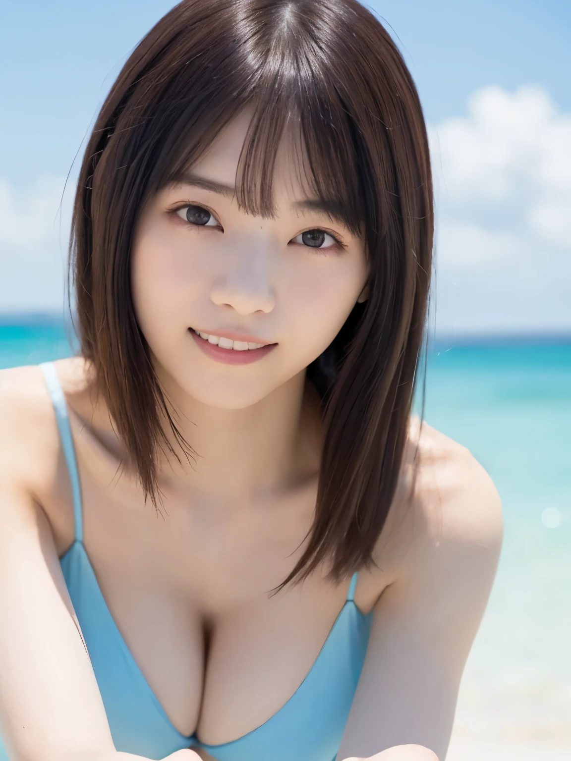 (Highest quality、Tabletop、8k、Best image quality)、1 female、(beautiful, Glowing Skin:1.1)、(Very short hair:1.1)、Brown Hair、The most beautiful smile is looking at me、The best smile、Smiling widely and showing beautiful teeth、(light pink bikini:1.1)、beautiful sea、Shining bright sea、Clear, beautiful sea、Very clear sea、beautiful Hiroshi々Sandy Beach、beautiful surf edge、beautiful sunny sky、beautiful cumulonimbus clouds、(very bright and vivid:1.3)、(beautiful, Glowing Skin:1.1)、(Ultra-high resolution, Bright and beautiful skin:1.3)、Ultra-high resolution beautiful teeth、Ultra HD Hair、Ultra-high resolution sparkling eyes、Natural Makeup、Accentuate your body lines、(Very Bright and beautiful skin:1.1)、(Big Breasts:1.2)、Slender body、(Perfect Anatomy:1.1)、Sculptural installation、Blurred Background、Swimsuits are random