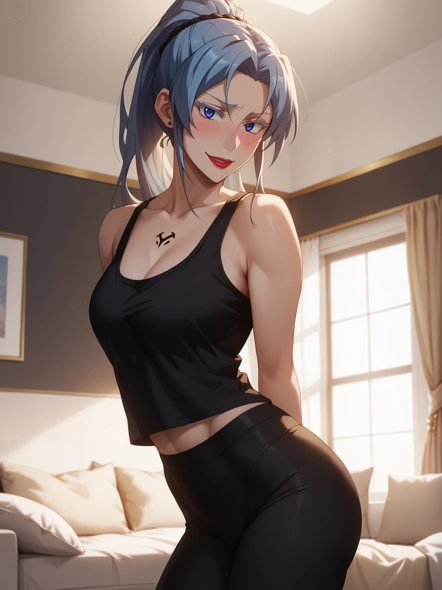 Girls, smile, red lips, fair skin, long hair, blue hair colors, big boobs, big breats, big ass, big butt, sexy body, thic, thic body, crop tank top, black crop tank top colors, leggings, black leggings colors, beauty girls, sexy pose, in bedroom background, gaze looking at the camera, Score_9, Score_8_up, Score_7_up, Score_6_up, Score_5_up, Score_4_up, Source_anime, Tag1, Tag2, Best quality, High quality, Detailed, High resolution, 8k, Ultra high res, Soft saturation, Professional quality, Perfect contrast, Perfect litthing, Anatomically correct,, Sensual woman, Esdeath from the anime Akame Ga Kill , 1 girl, innocant mood, pure, angelic mood, she is in love with the viewer, perfect body shape, thin waist, round perfectly shaped ass, blue haired, Embarrassed, shy, seductive BREAK high-angle view,