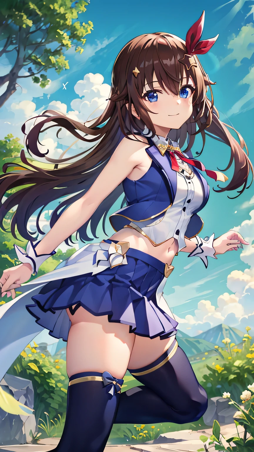 masterpiece, Highest quality, detailed, highly detailed, ultra detailed, Viblos \(umamusume\), Horse tail, Have, White sailor collar, Exposing shoulders, Blue Ribbon, small cape, strap, Anchor decoration, Body stockings, belt, Bare knees, White pleated skirt, White boots, smile, Raise your arms, Underarm,(panties), (Flashy underwear), (lingerie), Skirt Lift