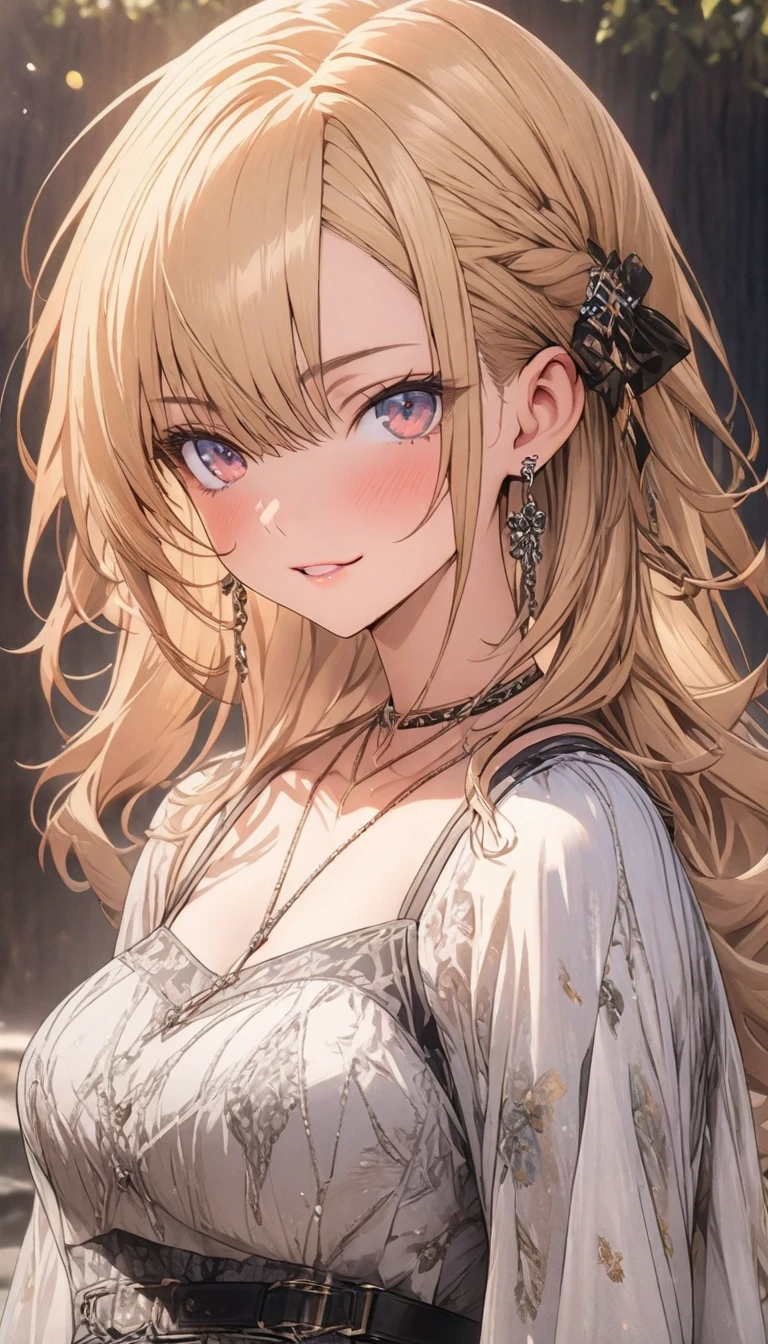 solo, light almond hair, long hair, dark pink eyes, sweet smile, subtle blush, large chest