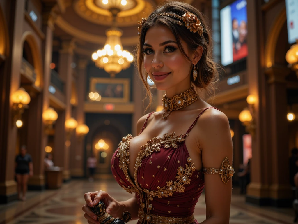 Generate a hyper-realistic macro shot of a steampunk woman standing in the opulent lobby of a grand city theater. She is dressed in an elegant, formal gown with steampunk accessories, including a beaded clutch and a delicate brass tiara. Her radiant smile is captured from the front as she clutches a pair of opera glasses, looking around with excitement. The warm, inviting lighting from the chandeliers casts a golden glow on the scene, highlighting the velvet drapes and gleaming brass fixtures.

