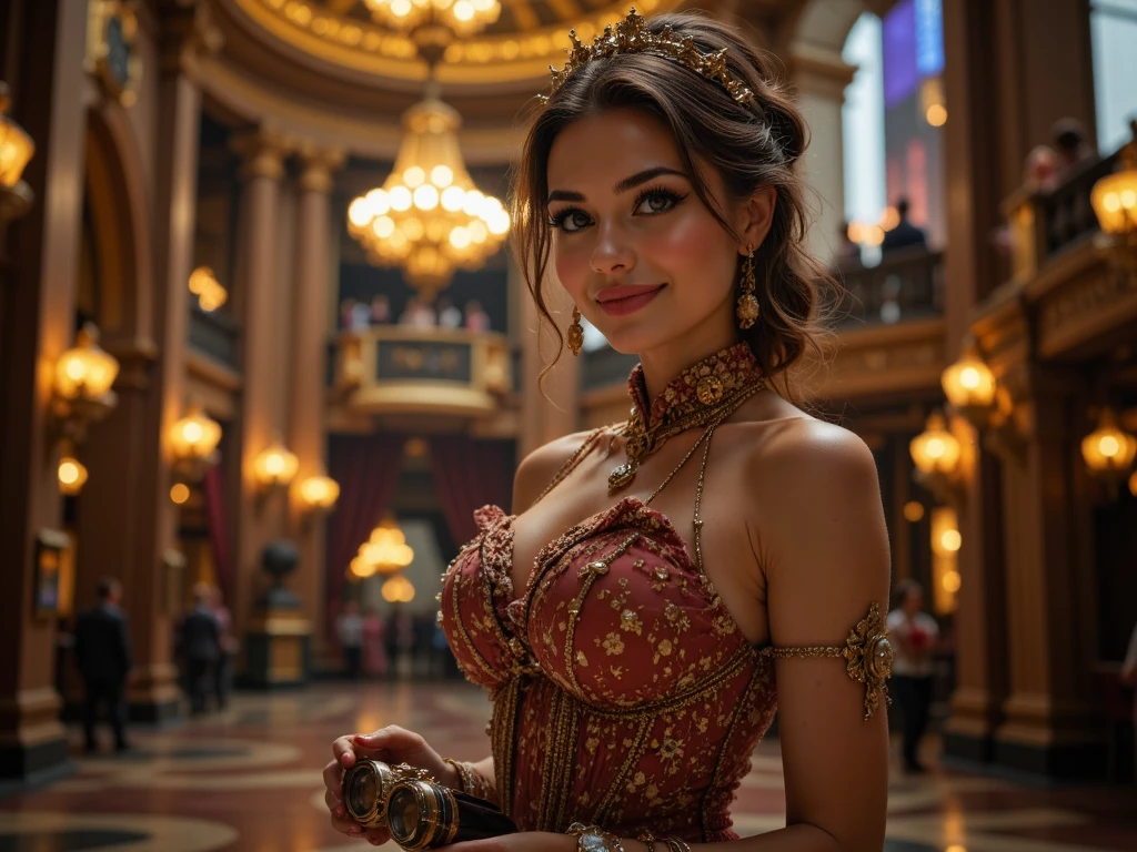 Generate a hyper-realistic macro shot of a steampunk woman standing in the opulent lobby of a grand city theater. She is dressed in an elegant, formal gown with steampunk accessories, including a beaded clutch and a delicate brass tiara. Her radiant smile is captured from the front as she clutches a pair of opera glasses, looking around with excitement. The warm, inviting lighting from the chandeliers casts a golden glow on the scene, highlighting the velvet drapes and gleaming brass fixtures.

