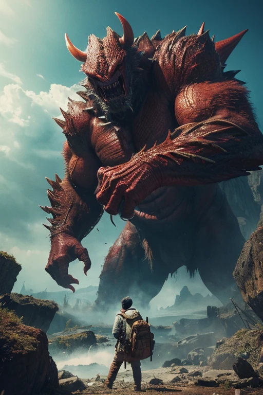 there is a giant monster with a man standing in front of it, gaping maw, big titan creature in the center, detailed hot maw, a creature 5 meters tall, detailed maw, you looking into the maw, huge creature, ilithid, mantis head monster god temple, cacodemon, z'gok. 8 k hd resolution