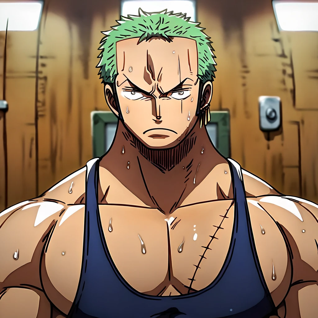 best quality, masterpiece, extremely detailed, Roronoa Zoro in a locker room, wearing wrestling singlet, muscular, double biceps pose, massive pecs, broad shoulder, sweaty, blank eyes, hypnotized, dazed expression, vacant stare, High Resolution