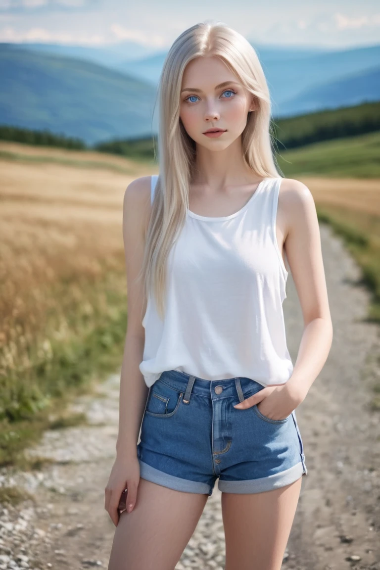 beautiful young nordic girl. Long straight ice-blonde hair. Blue eyes. Small breasts. Posing in a white vest top and   blue denim shorts. In countryside, mountains in distance, daytime